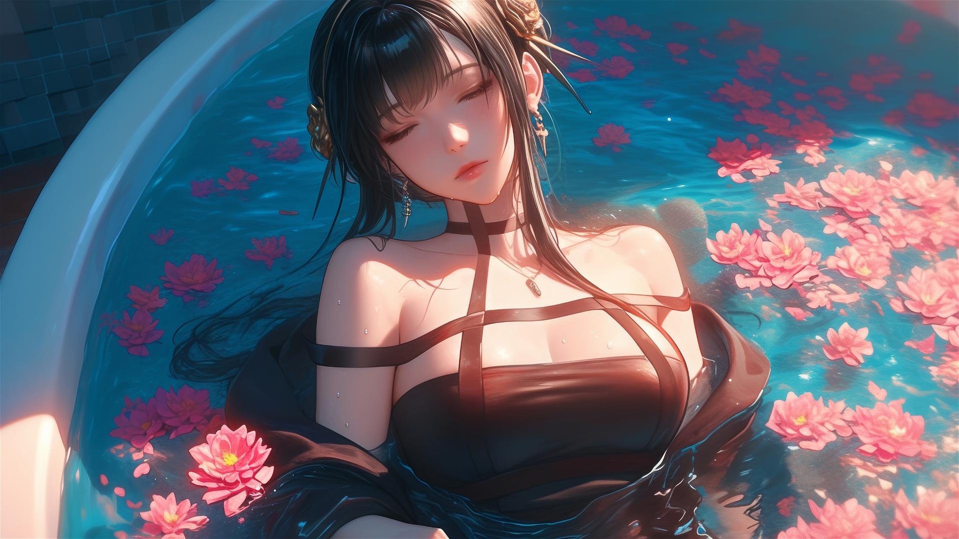 Yor Forger in a flower-filled tub at a Chinese spa