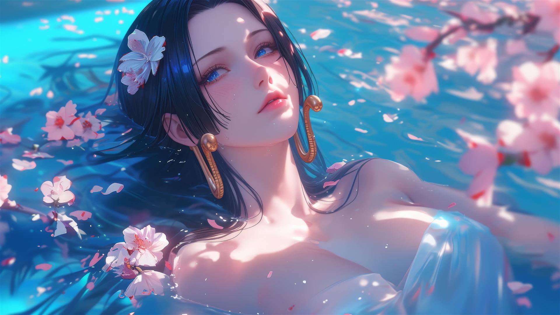 Boa Hancock in a tub of flowers inside a Chinese spa