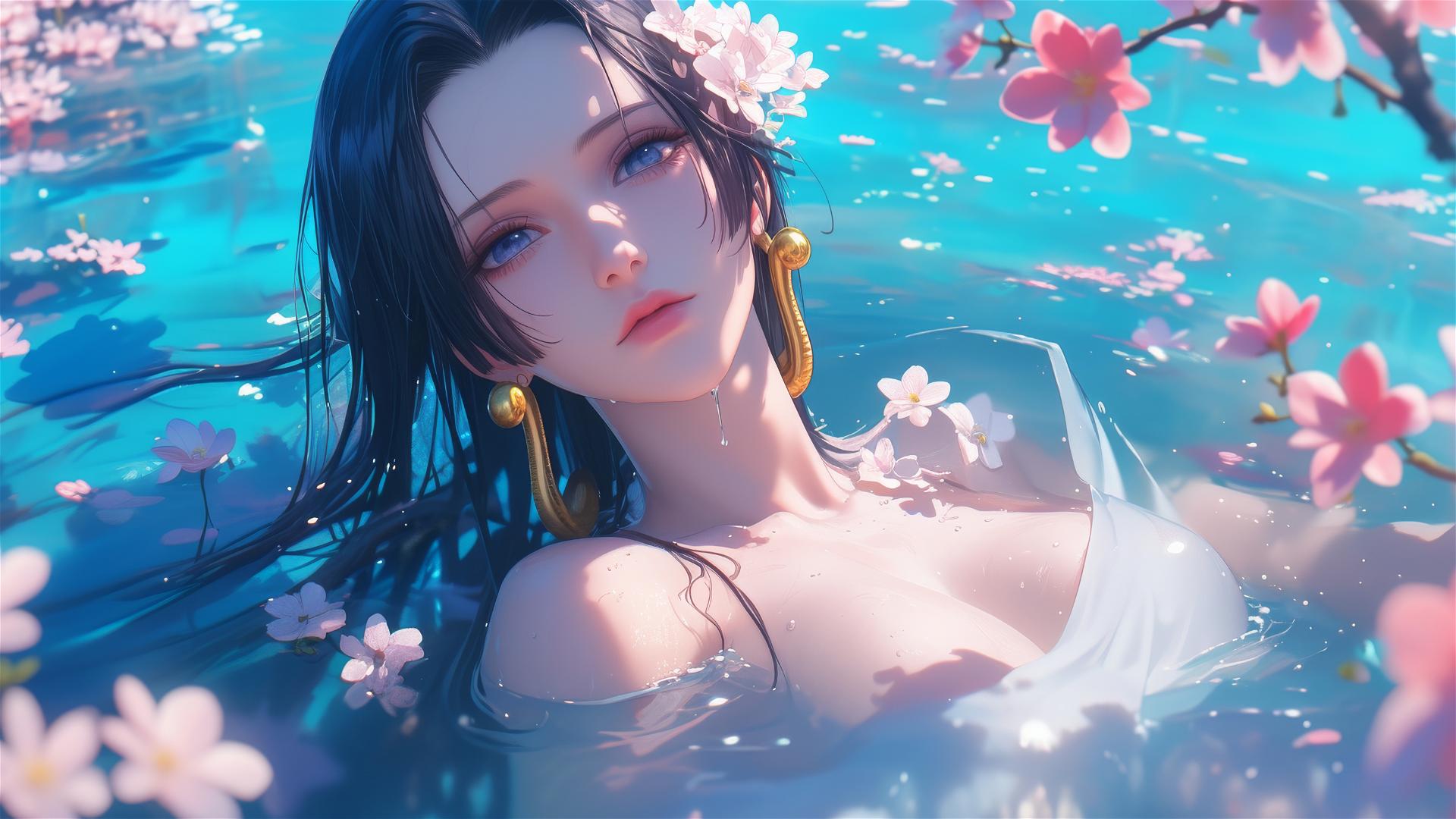 Boa Hancock from One Piece in tub of flowers in Chinese spa.