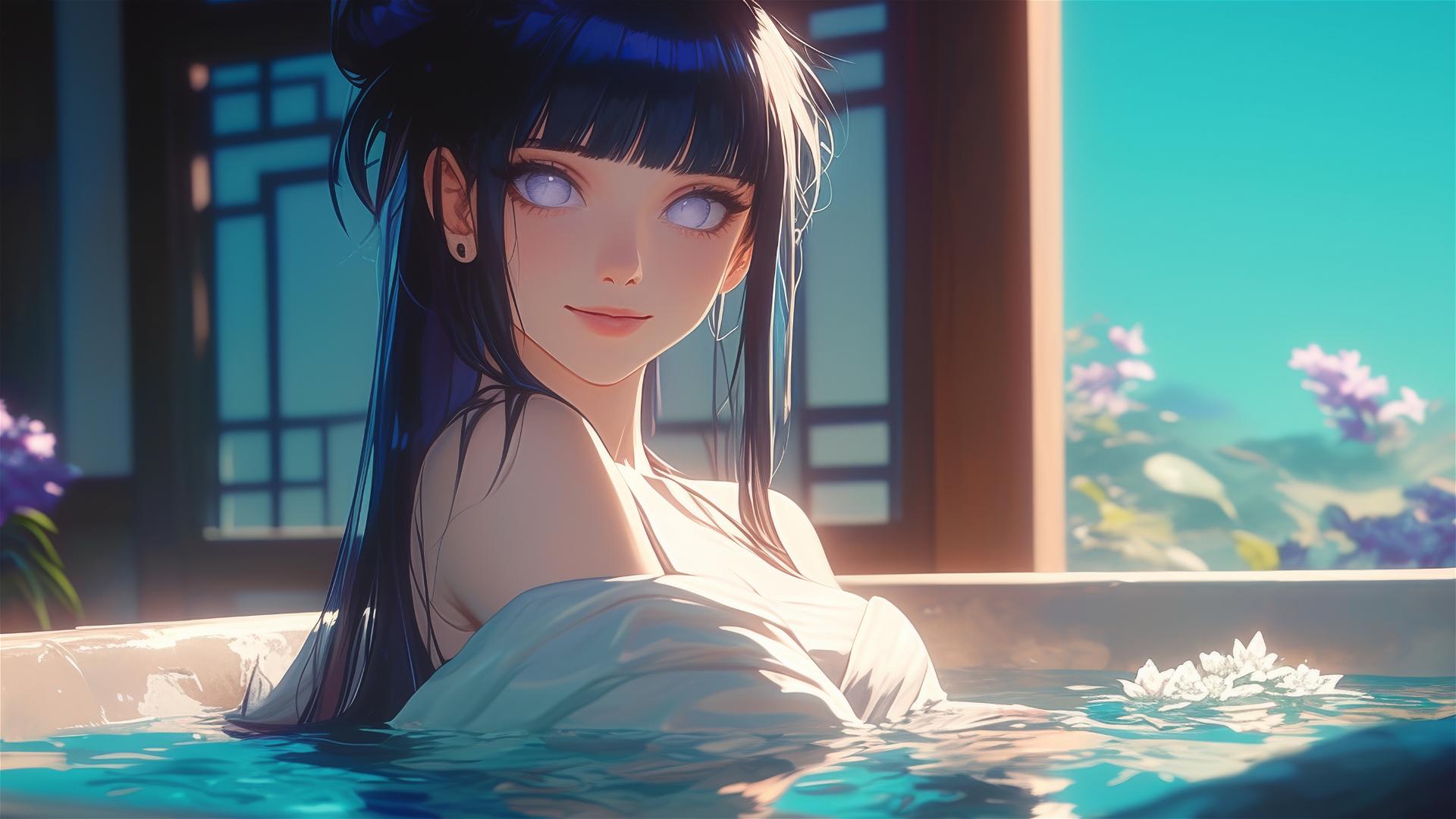 Hinata Hyuga in a tub full of flowers at a Chinese spa, white eyes.