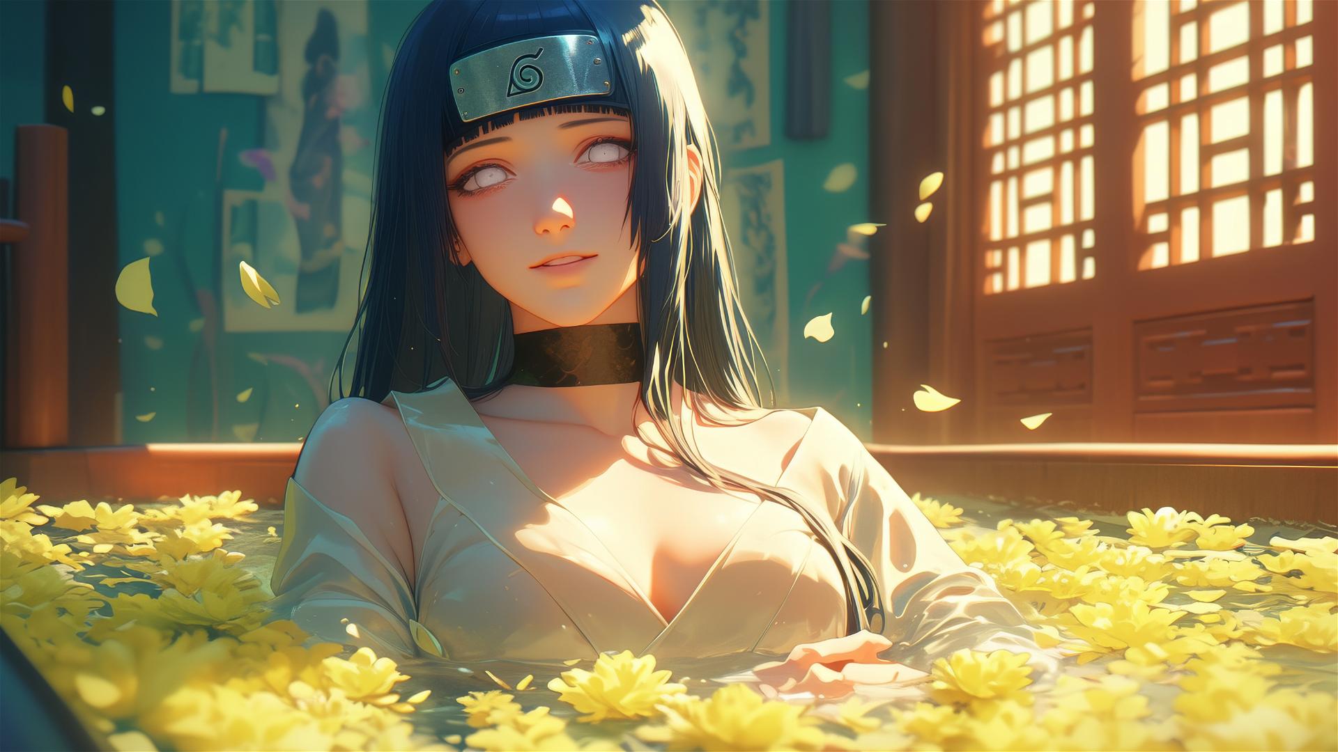Hinata Hyuga from Naruto in tub with flowers at Chinese spa, white eyes