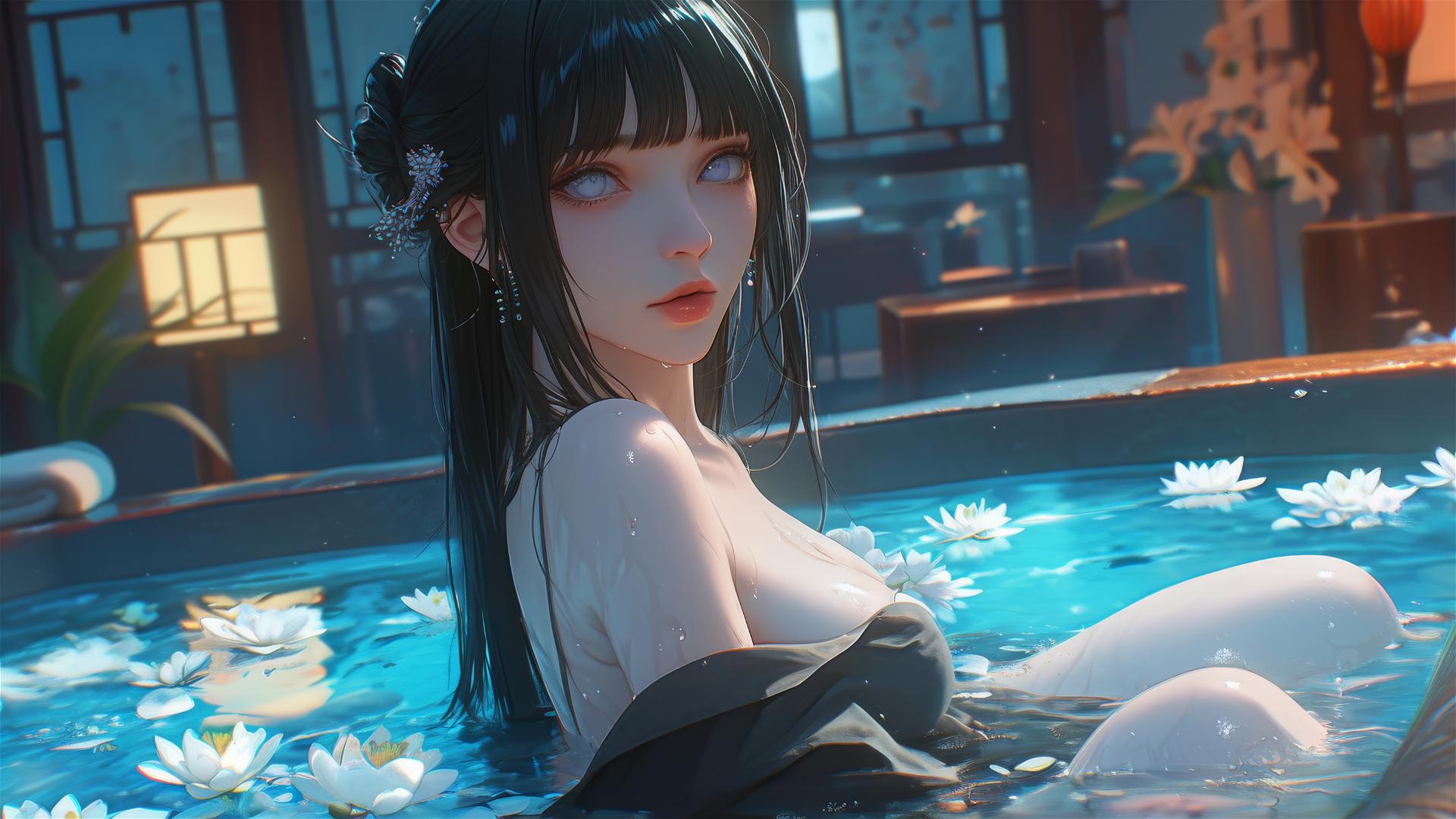 Hinata Hyuga in tub with flowers at a Chinese spa, white eyes