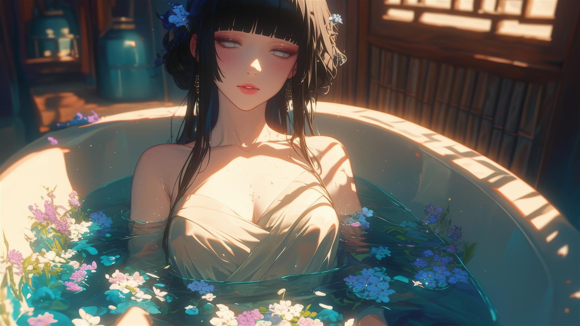 Hinata Hyuga from Naruto in flower-filled tub at Chinese spa