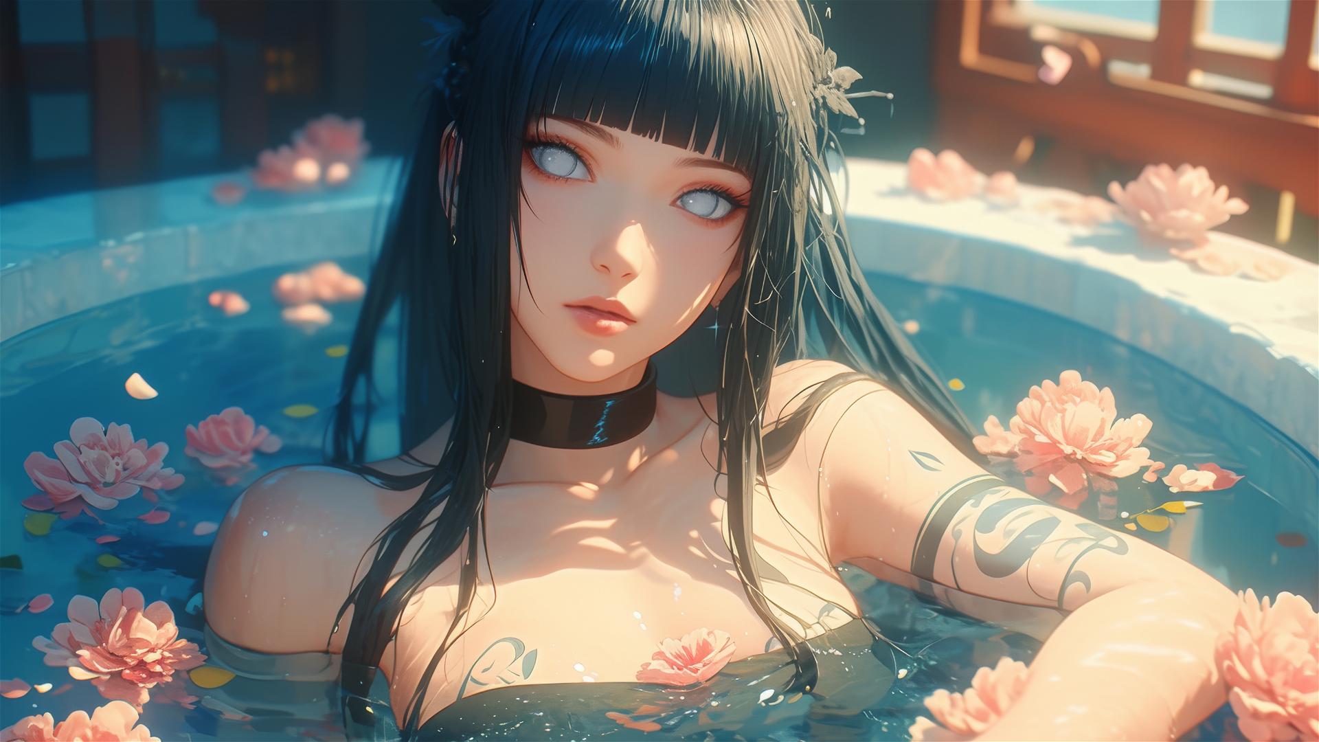 Hinata Hyuga from Naruto in a tub full of flowers at a Chinese spa, white eyes