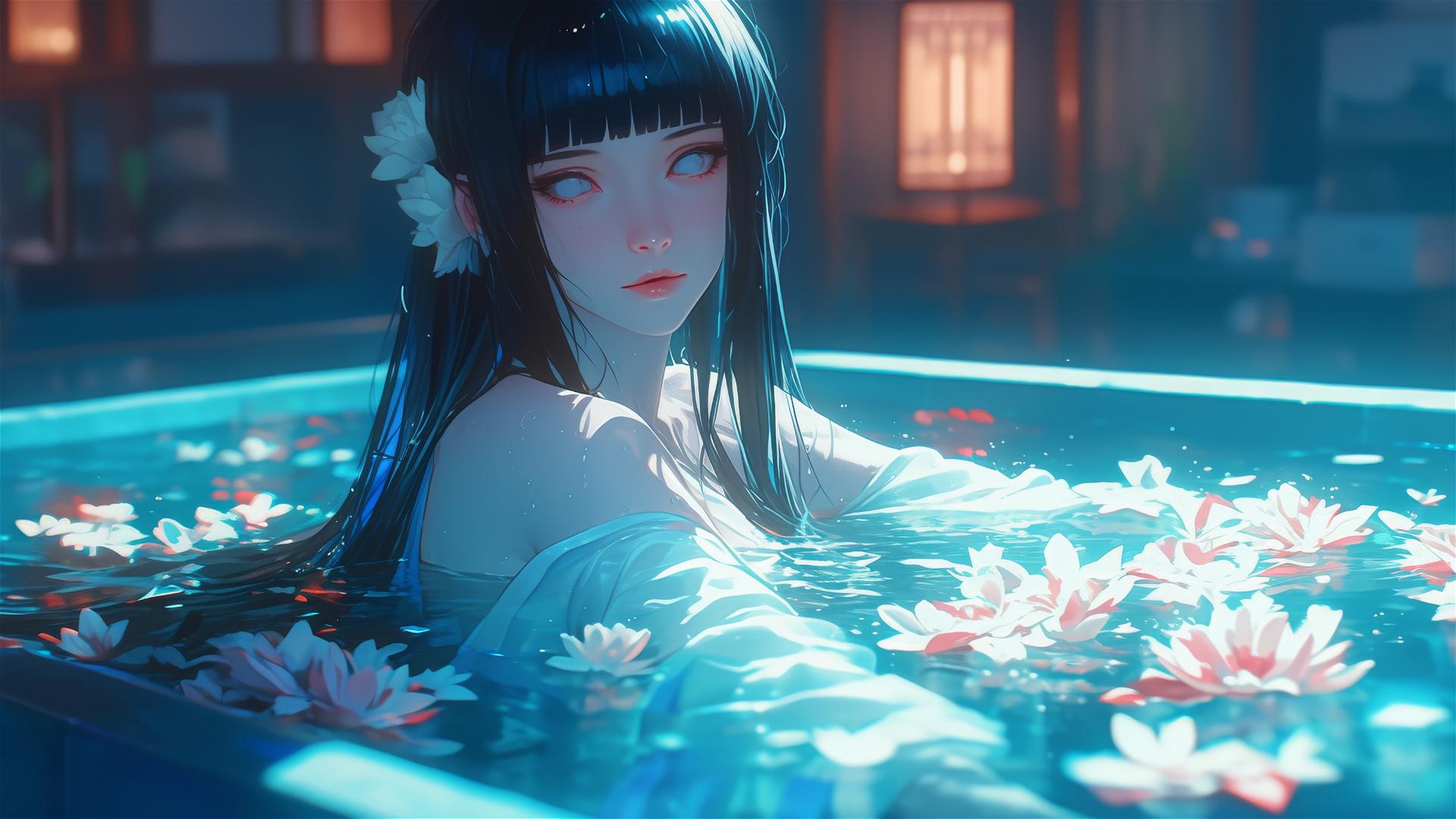 Hinata Hyuga from Naruto in a flower-filled tub inside a Chinese spa.