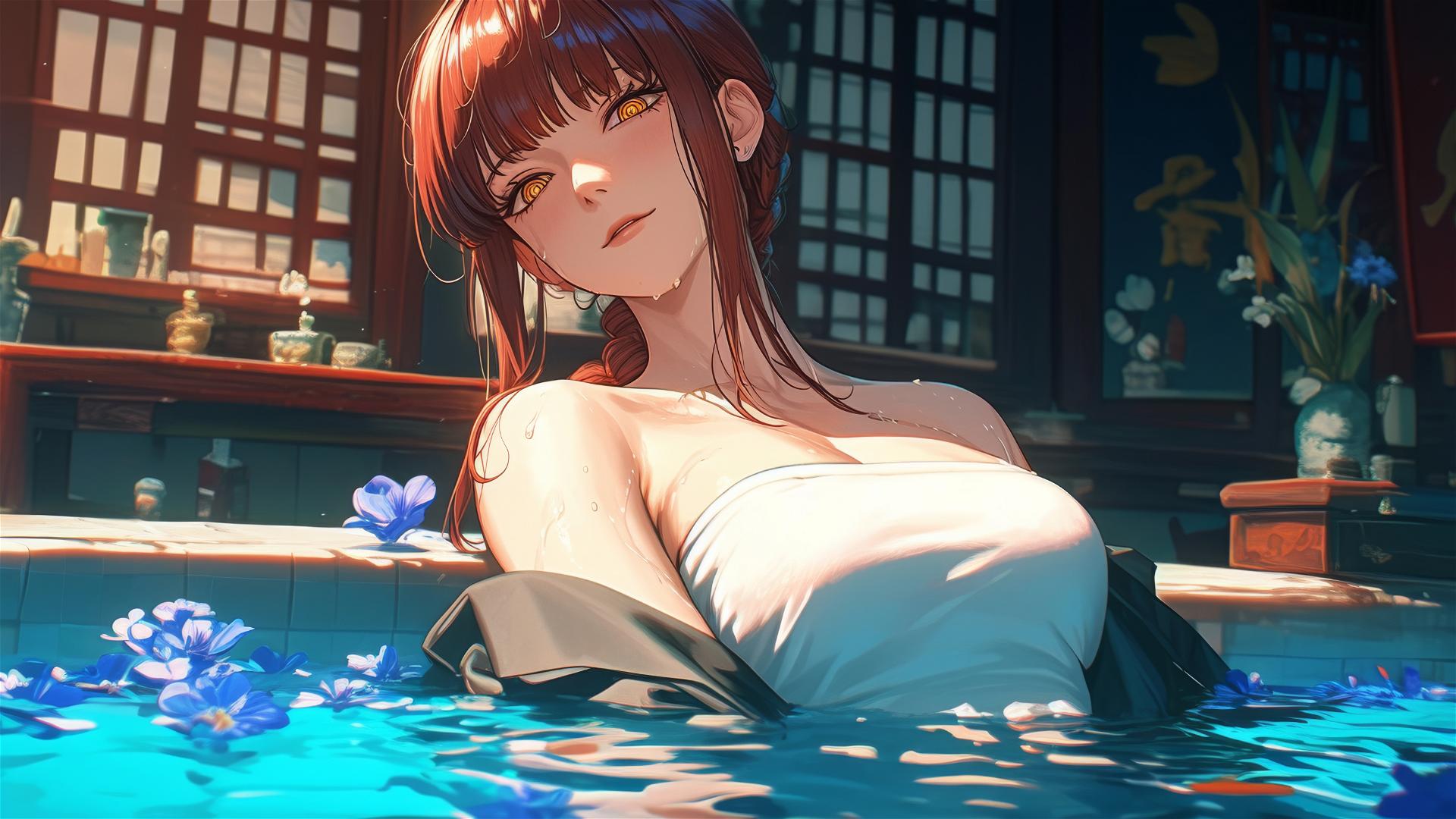 Makima from Chainsaw Man in a flower-filled tub in a Chinese spa