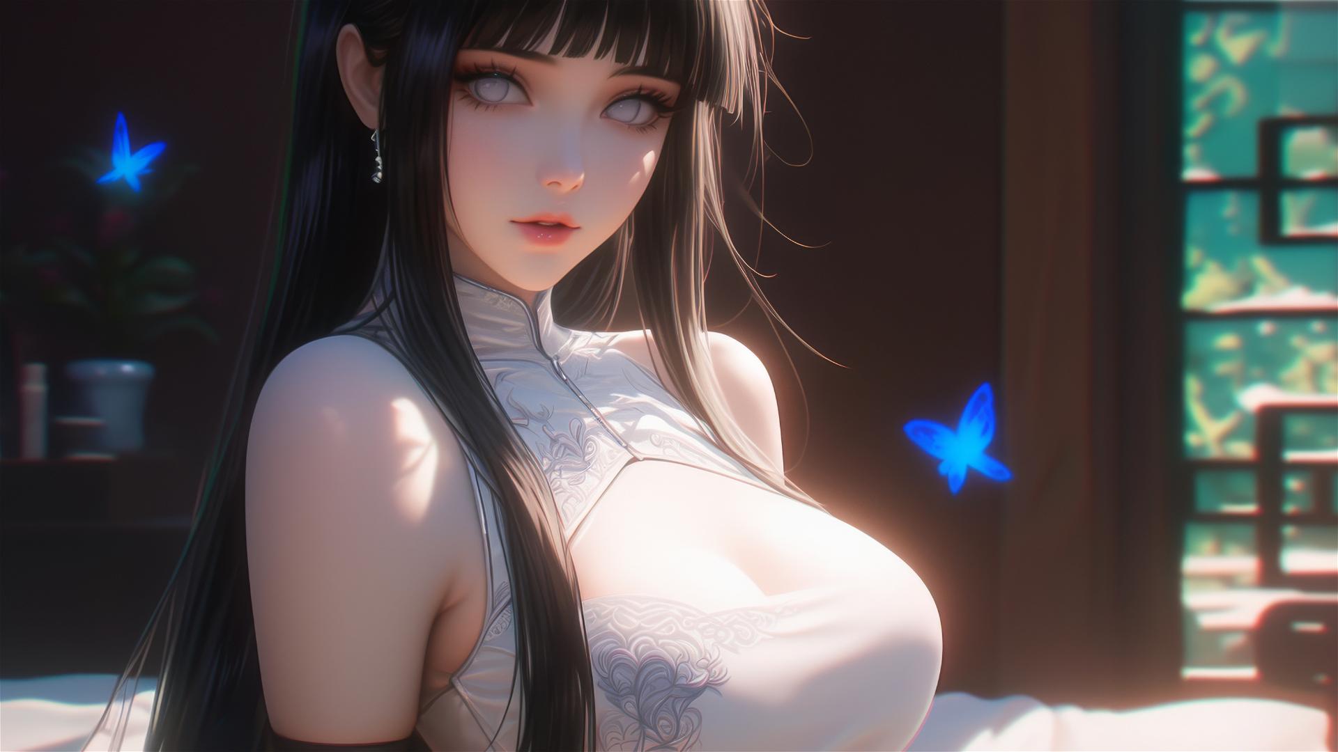 Hinata Hyuga sitting in a modern apartment, bathed in warm light.