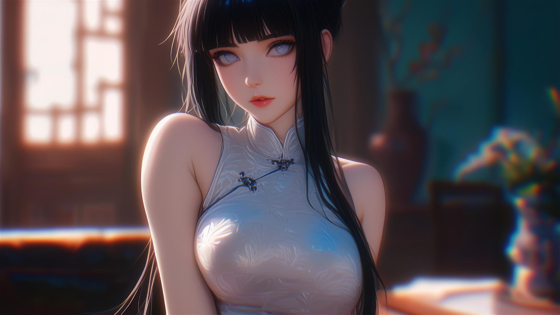 Hinata Hyuga from Naruto in a modern apartment with warm light