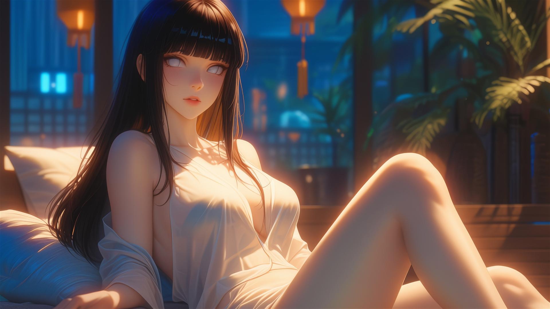 Hinata Hyuga from Naruto sitting in a modern hotel with warm light