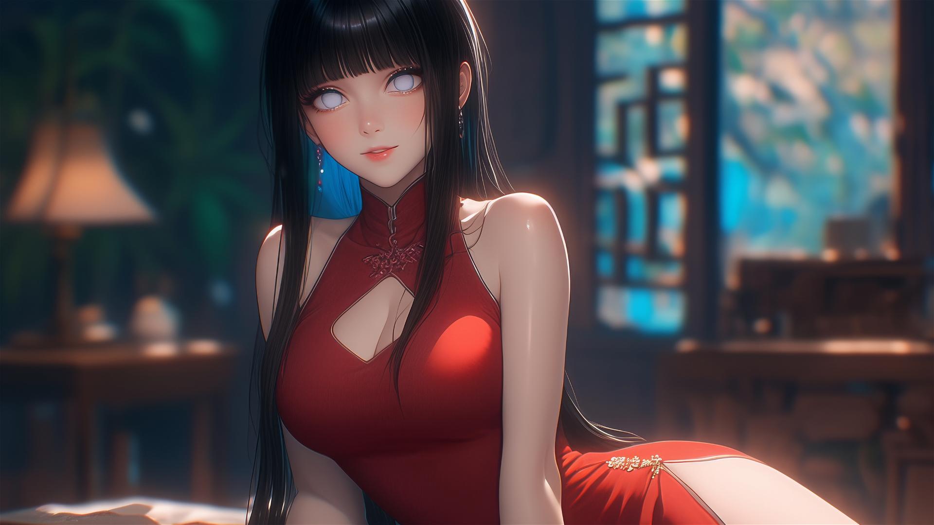 Hinata Hyuga from Naruto sitting in modern hotel with warm light, white eyes, red dress