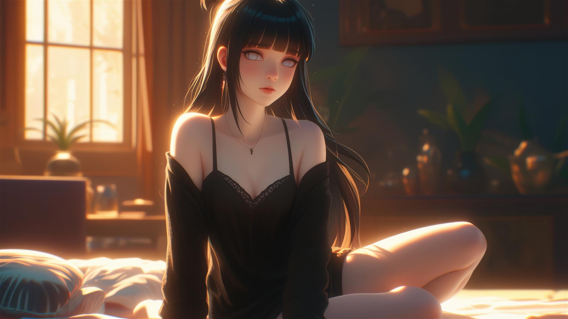 Hinata Hyuga sitting at a modern hotel with warm light and white eyes