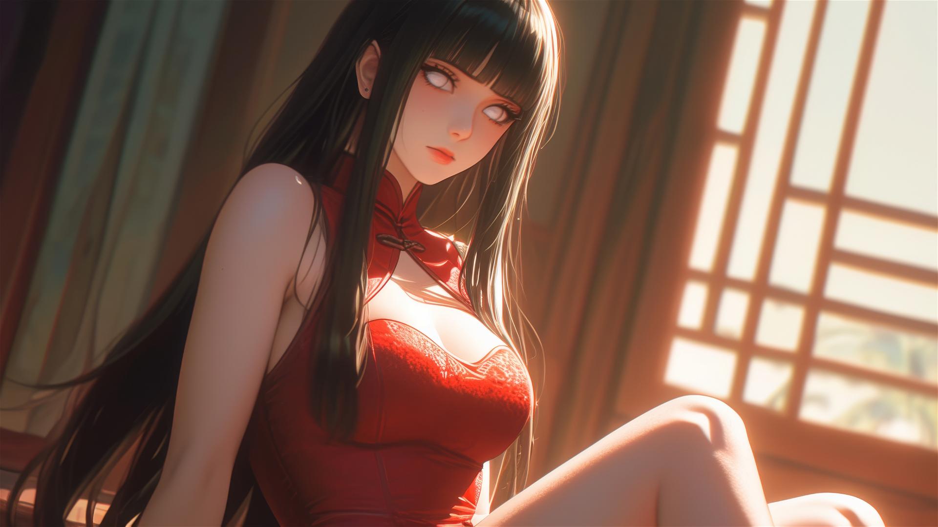 Hinata Hyuga from Naruto sits at a modern hotel, bathed in warm light, wearing a red dress.