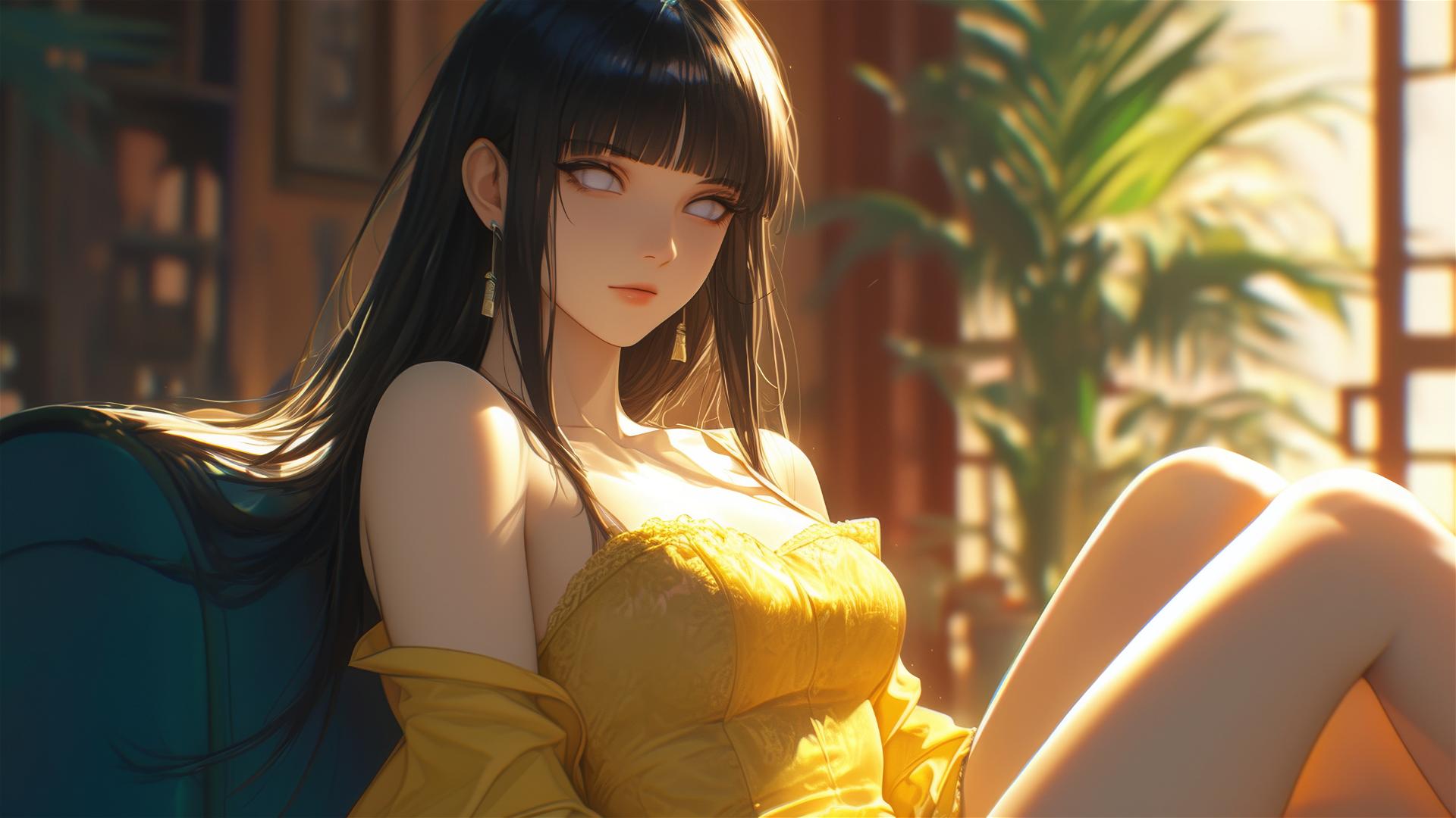 Hinata Hyuga from Naruto sitting at a modern hotel with warm light and white eyes