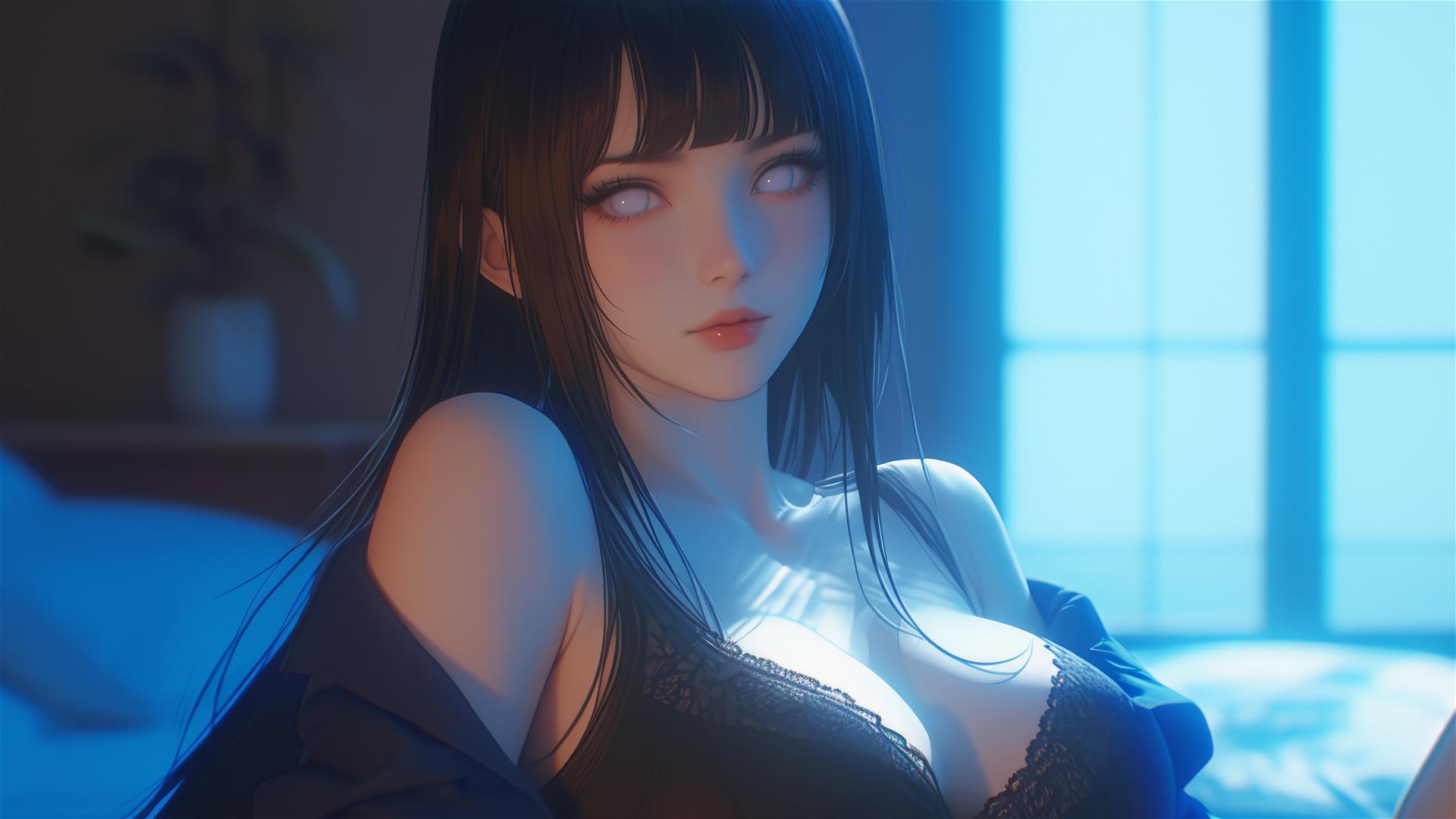 Hinata Hyuga sits in a modern hotel with warm light casting a soft glow