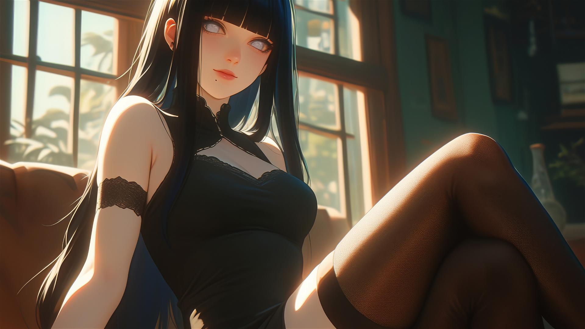 Hinata Hyuga sitting in a modern hotel with warm light glowing on her.