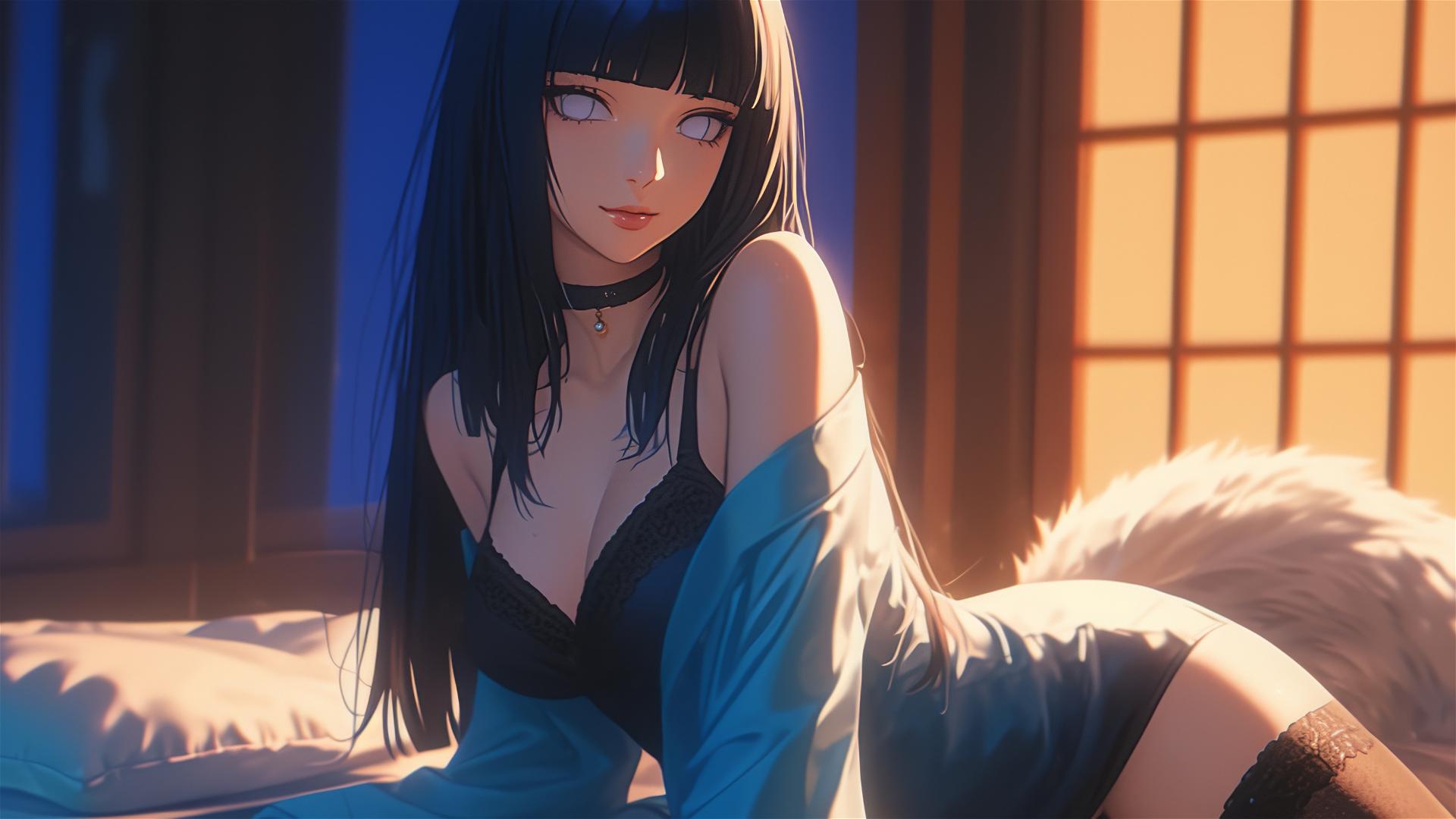 Hinata Hyuga from Naruto sits at a modern hotel with warm light on her.