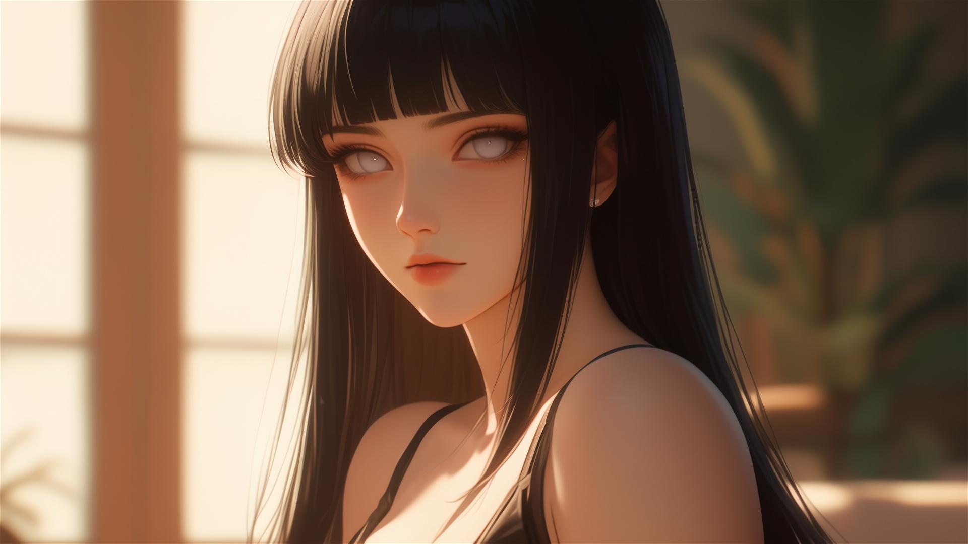 Hinata Hyuga sitting in a modern hotel with warm light and white eyes