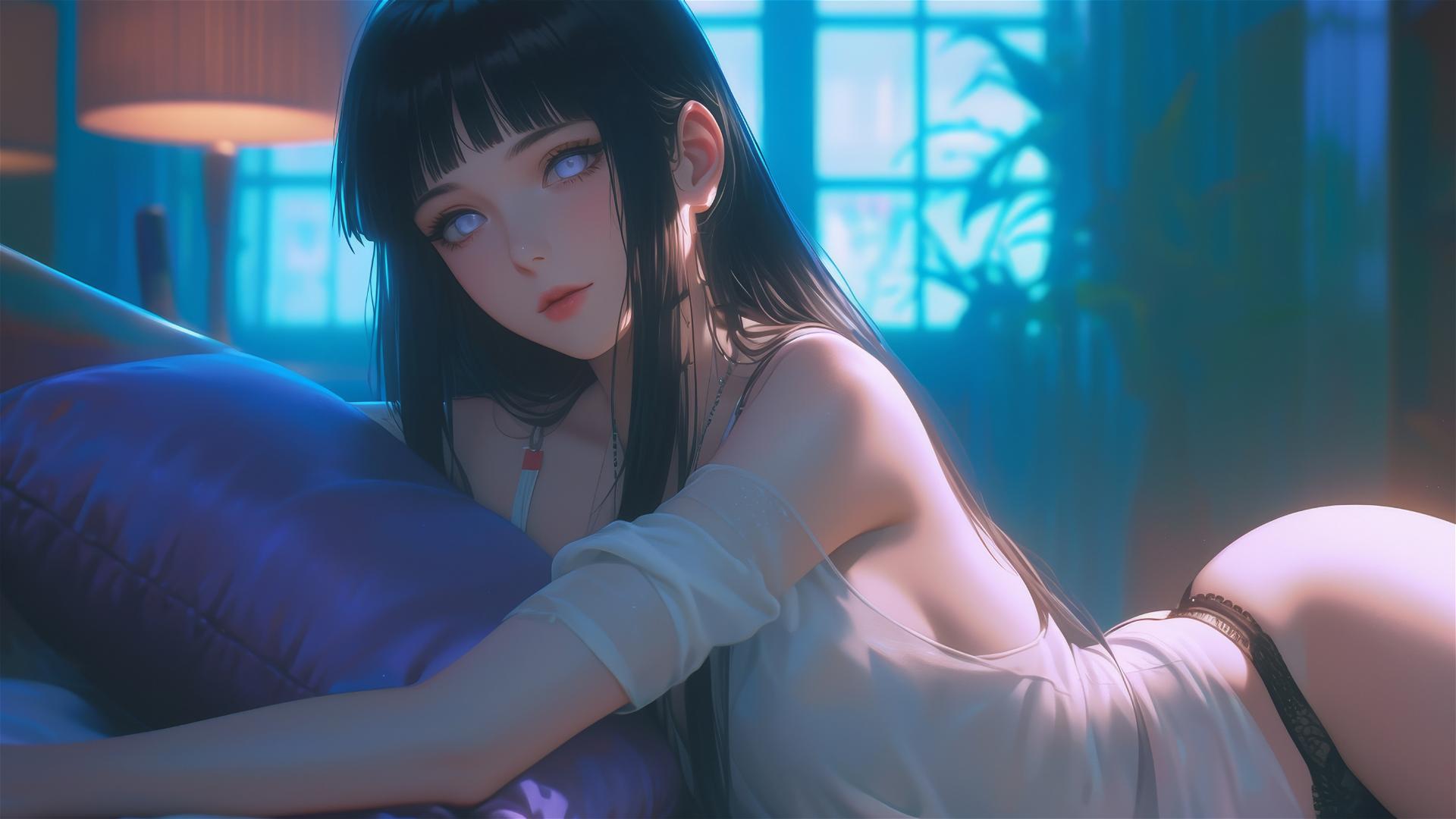 Hinata Hyuga resting in a modern hotel with warm light and white eyes
