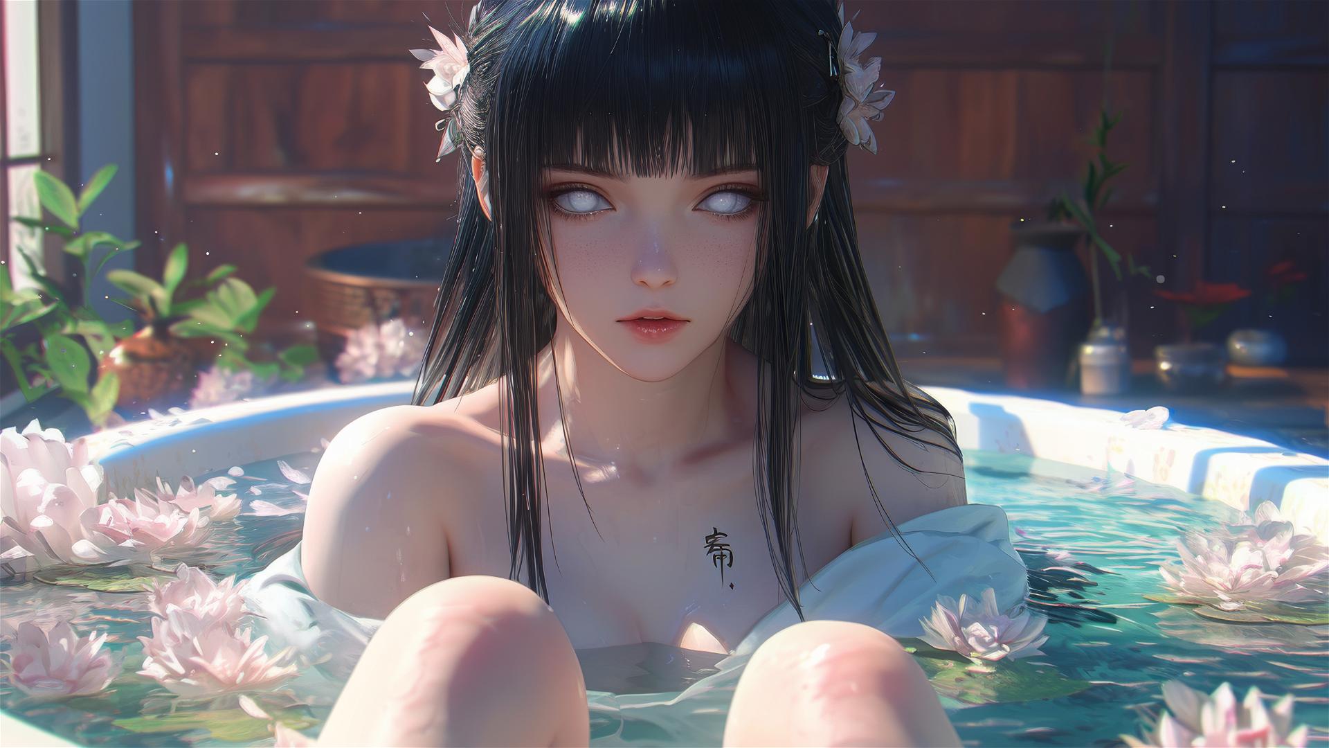 Hinata Hyuga with white eyes in a tub full of flowers inside a Chinese spa