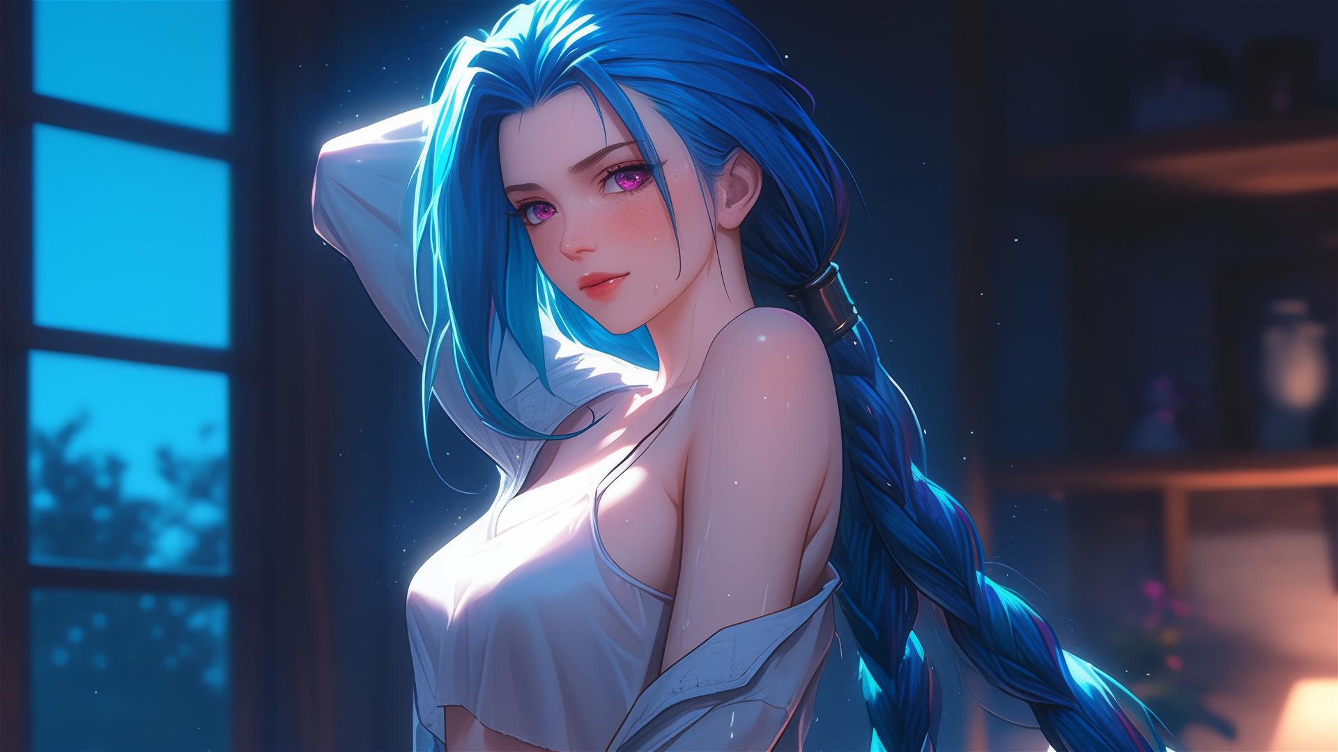 Jinx from League of Legends in silk pajamas with pink eyes and blue hair, illuminated by moonlight.