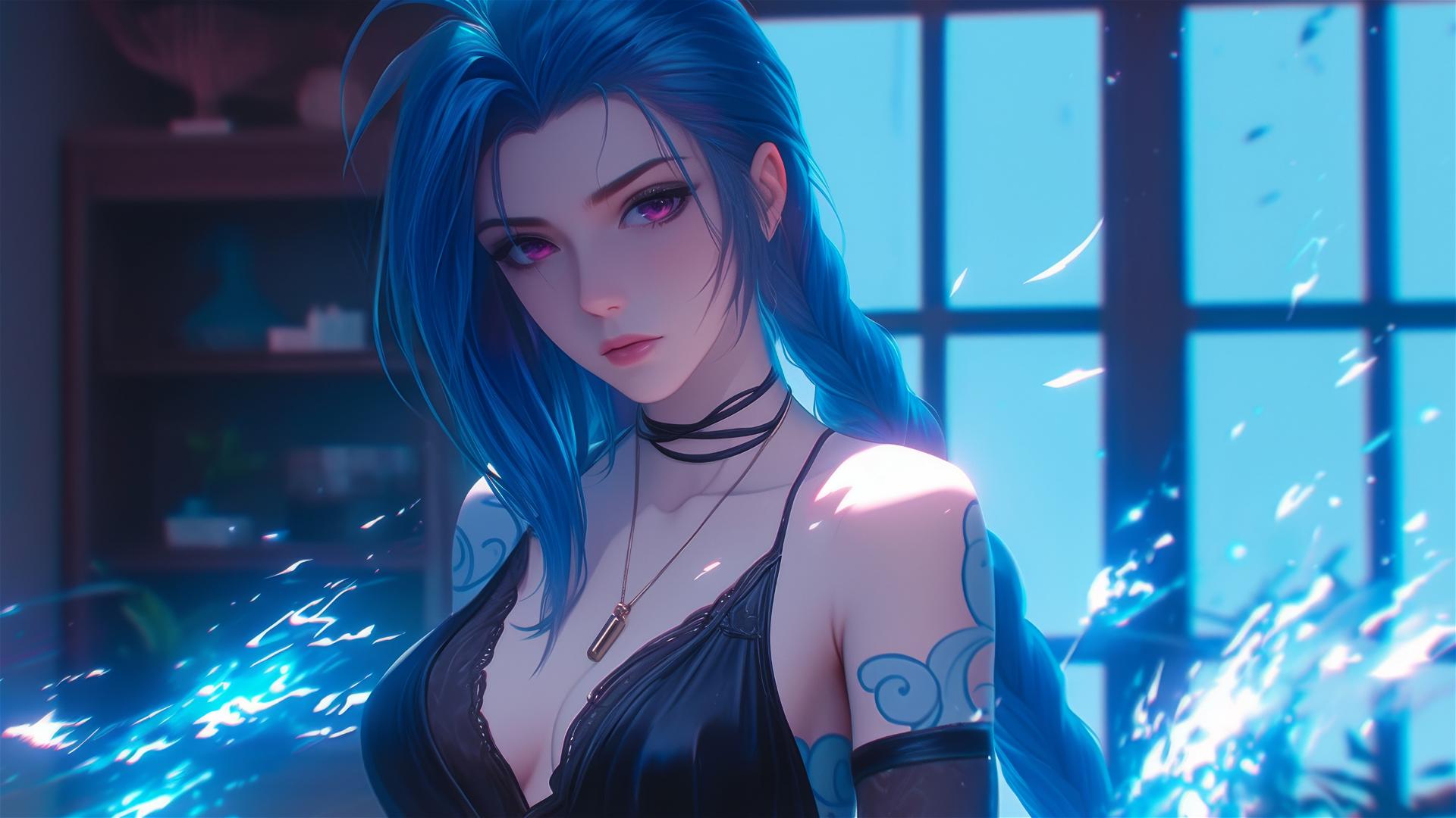 Jinx from League of Legends standing in an apartment under moonlight
