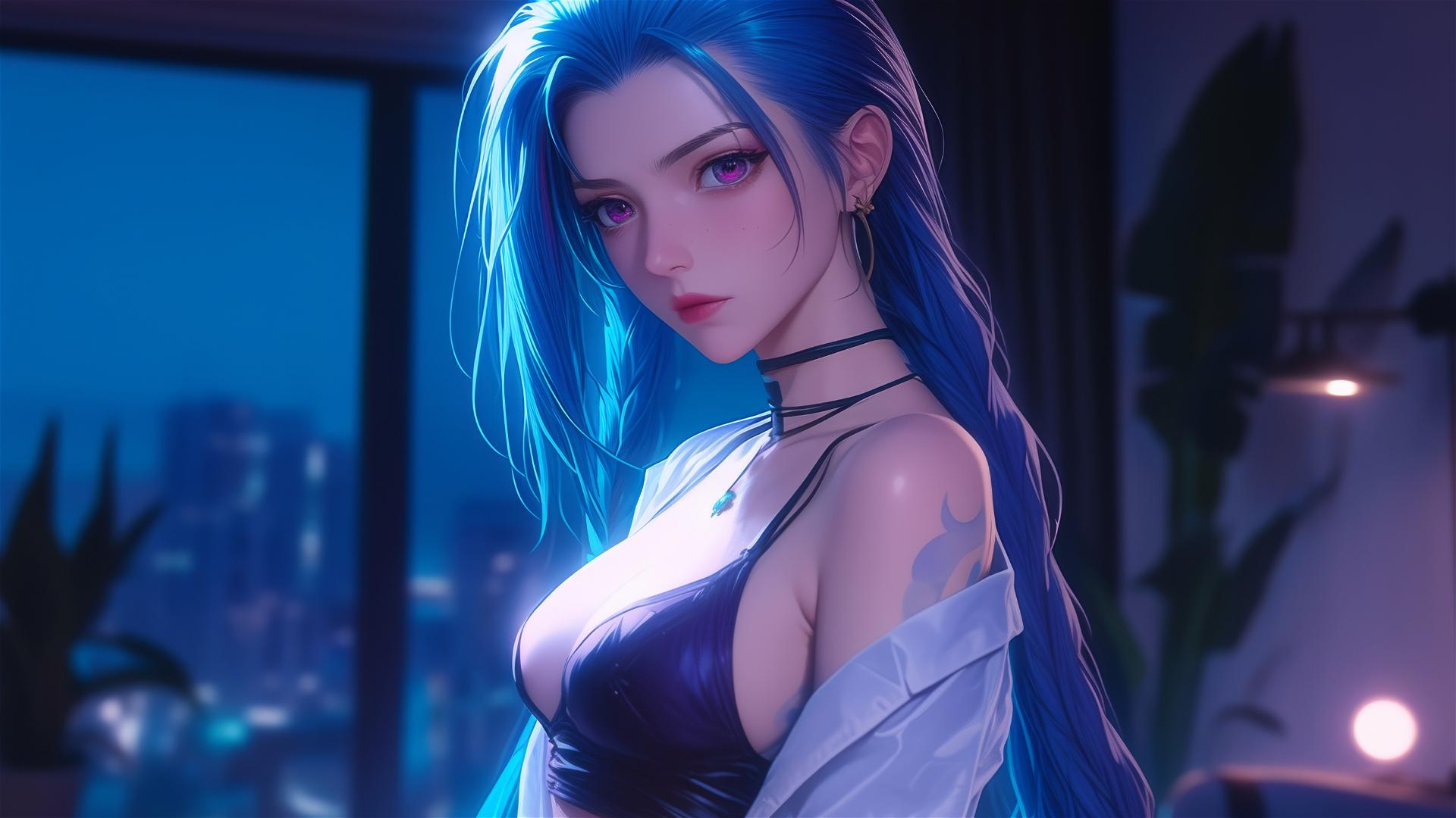 Full body shot of Jinx from League of Legends under moonlight