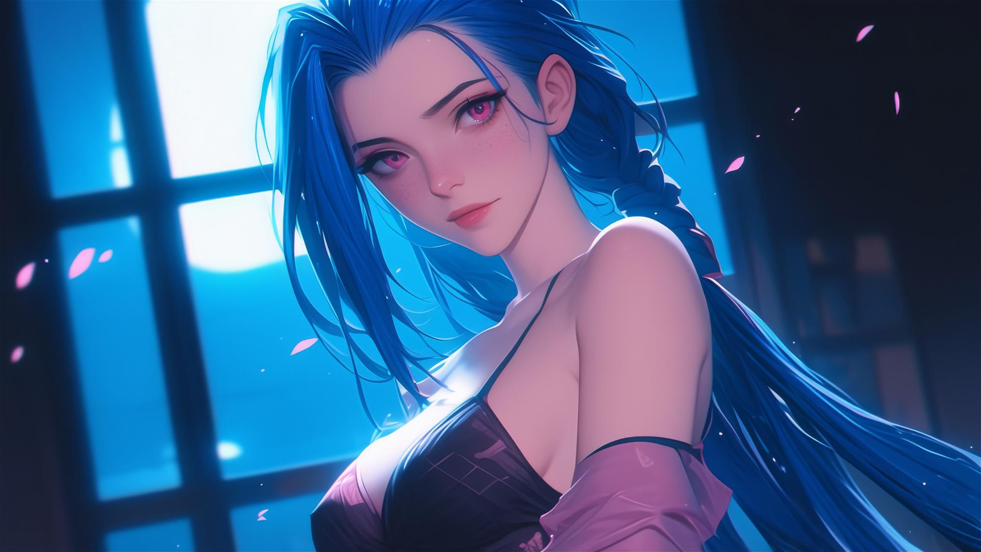 Jinx from League of Legends standing in an apartment bathed in moonlight