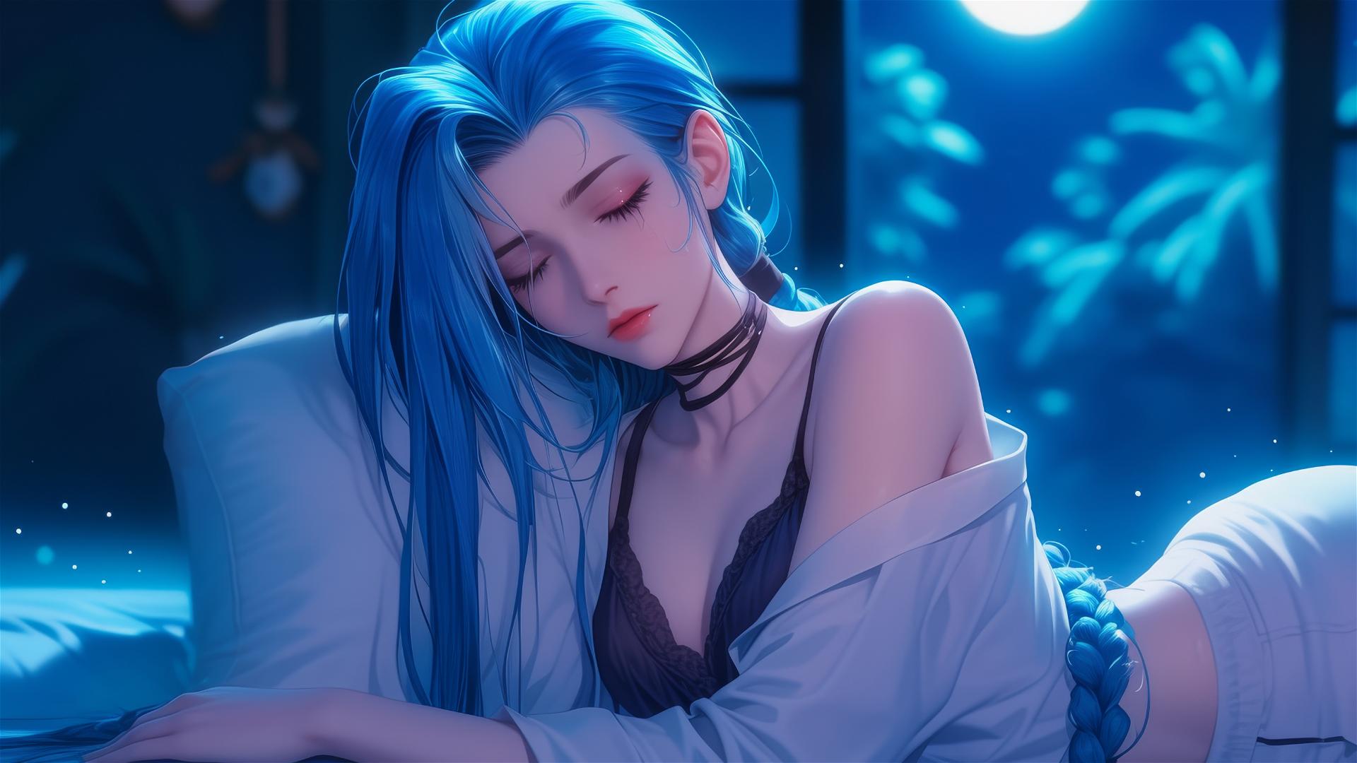 Jinx from League of Legends resting in apartment, moonlight glow, pink eyes, blue hair, silk pajamas.