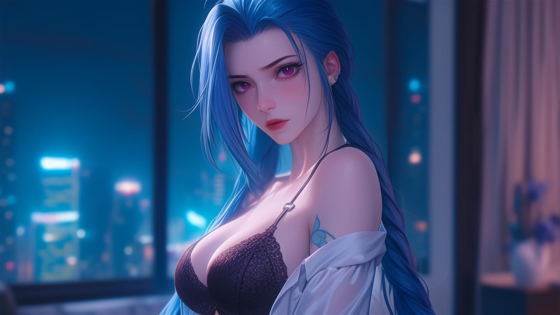 Jinx from League of Legends in silk pajamas, standing under moonlight.