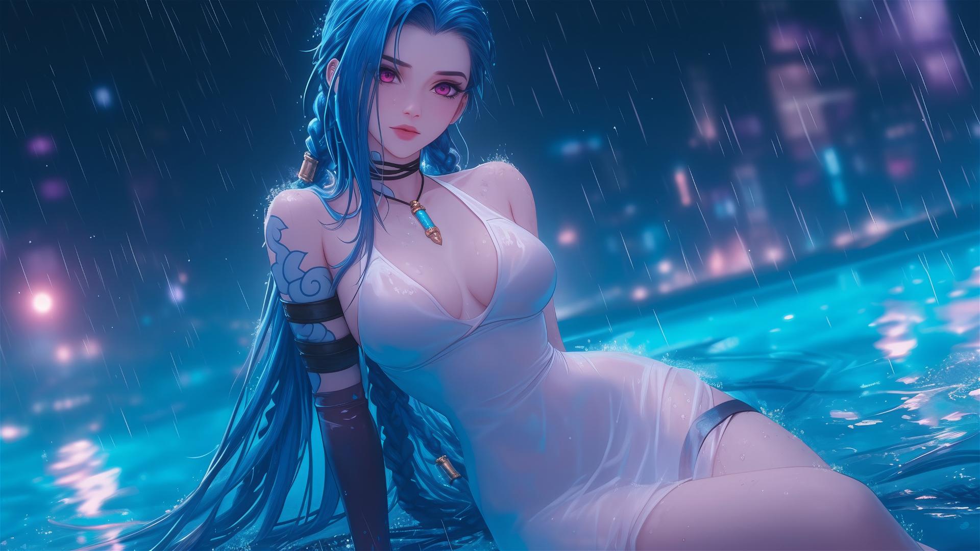 Jinx from League of Legends resting at a rainy pool under moonlight