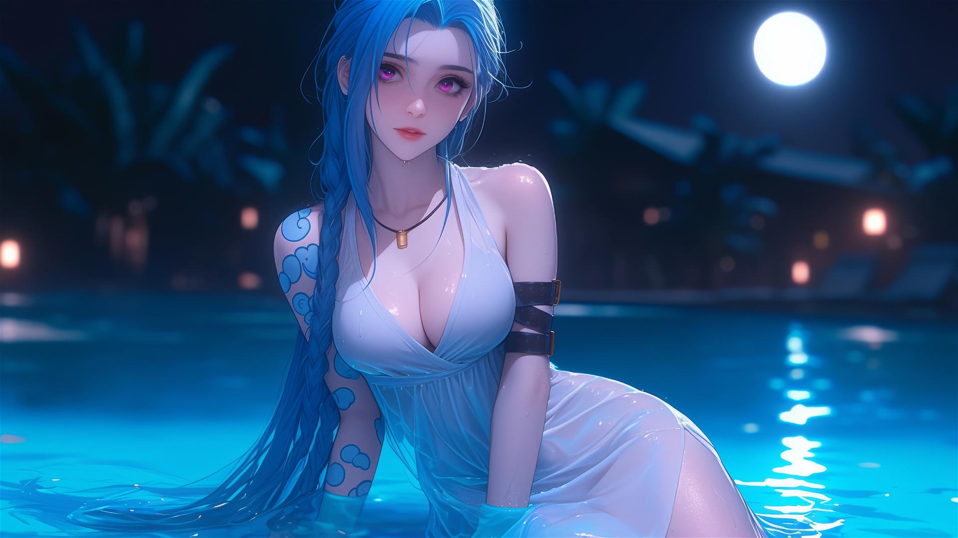 Jinx from League of Legends at a rainy pool, moonlight, white dress, blue hair