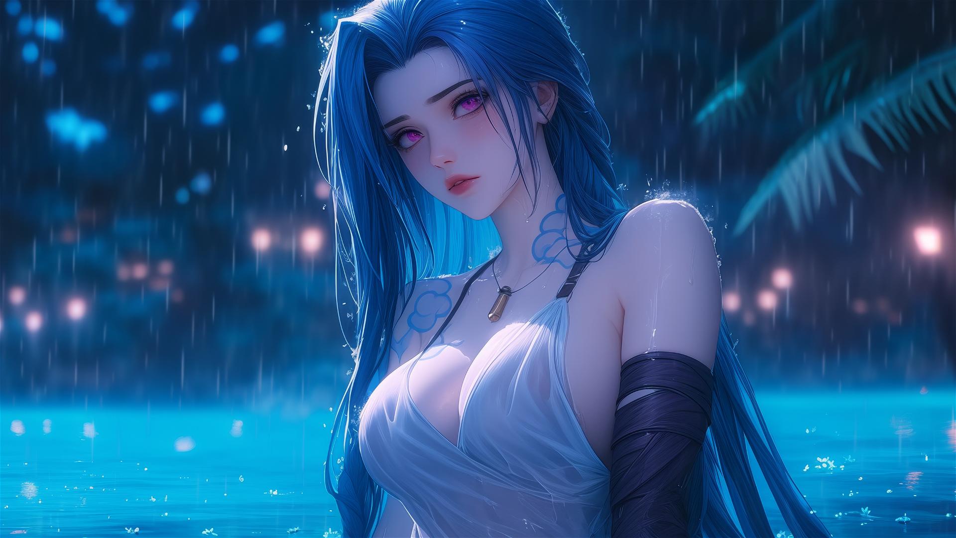 Jinx from League of Legends resting at a rainy swimming pool under moonlight