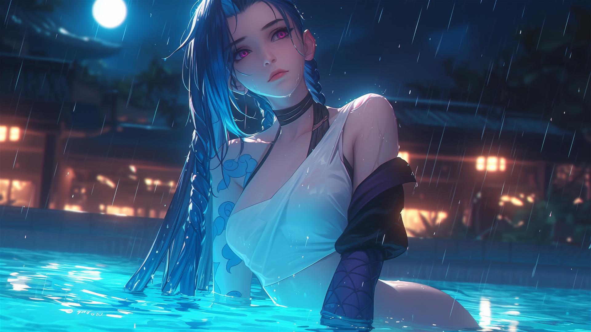 Jinx from League of Legends at a rainy swimming pool under moonlight