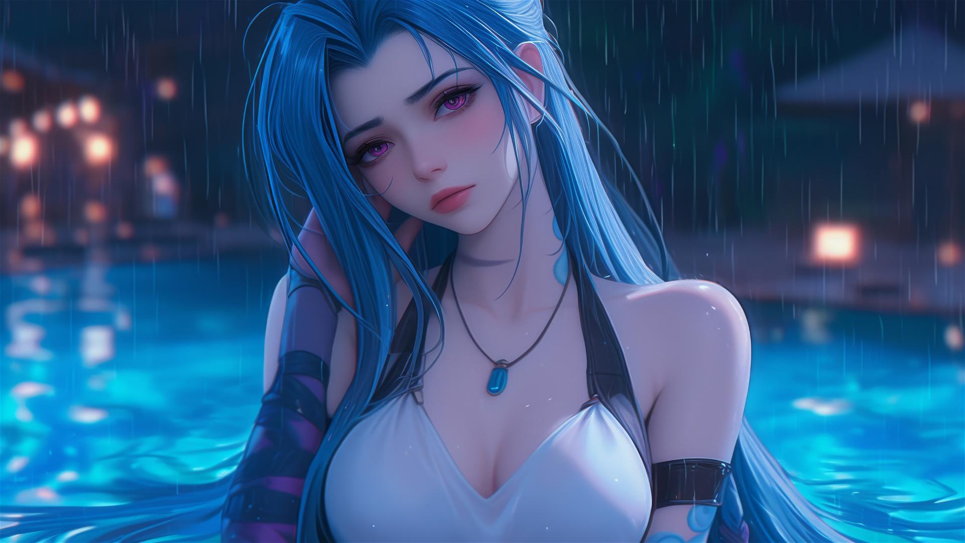 Jinx from League of Legends resting by a rainy swimming pool under moonlight