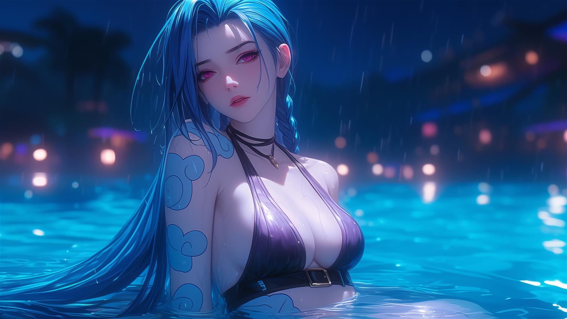 Jinx from League of Legends resting at a rainy swimming pool under moonlight