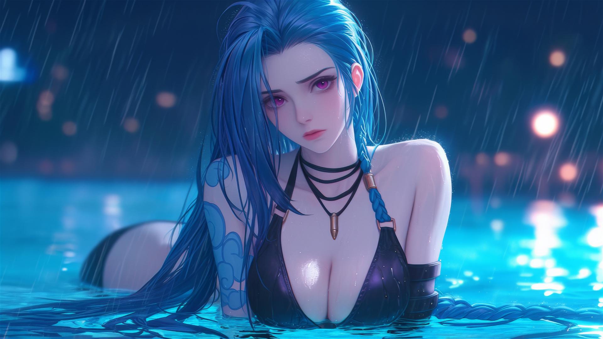 Jinx from League of Legends resting at a rainy swimming pool under moonlight