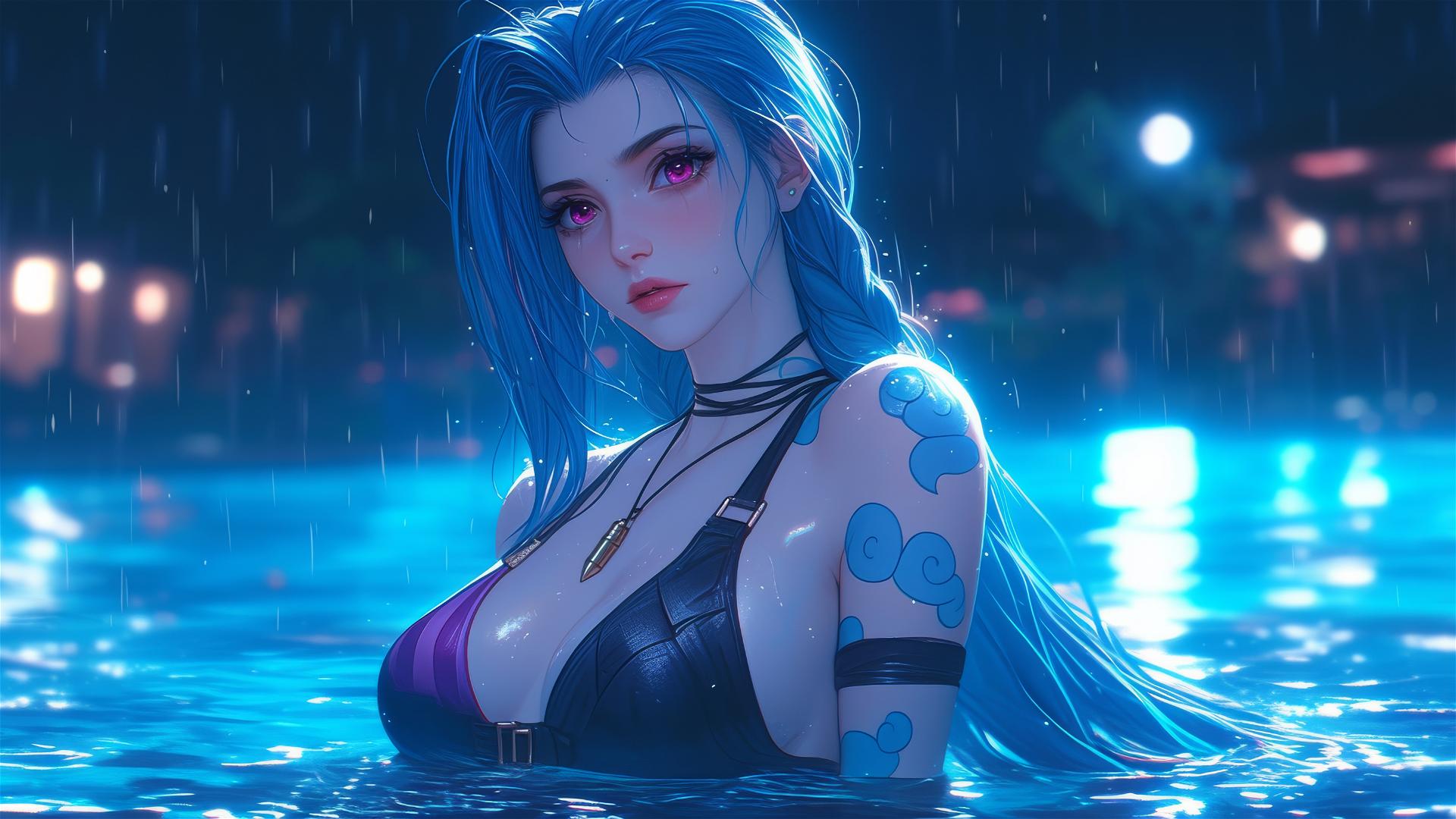 Jinx from League of Legends resting by a rainy pool under moonlight.