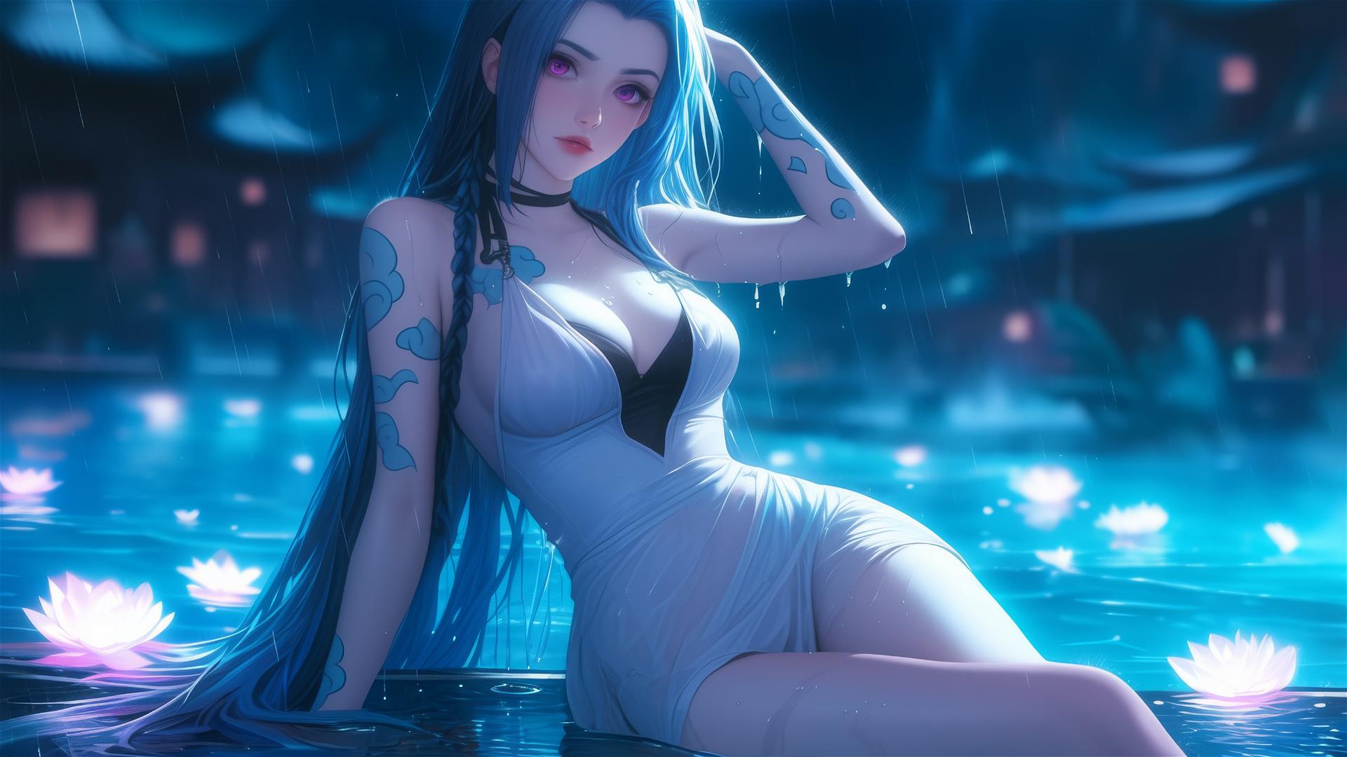 Jinx from League of Legends resting at rainy swimming pool, moonlight glow