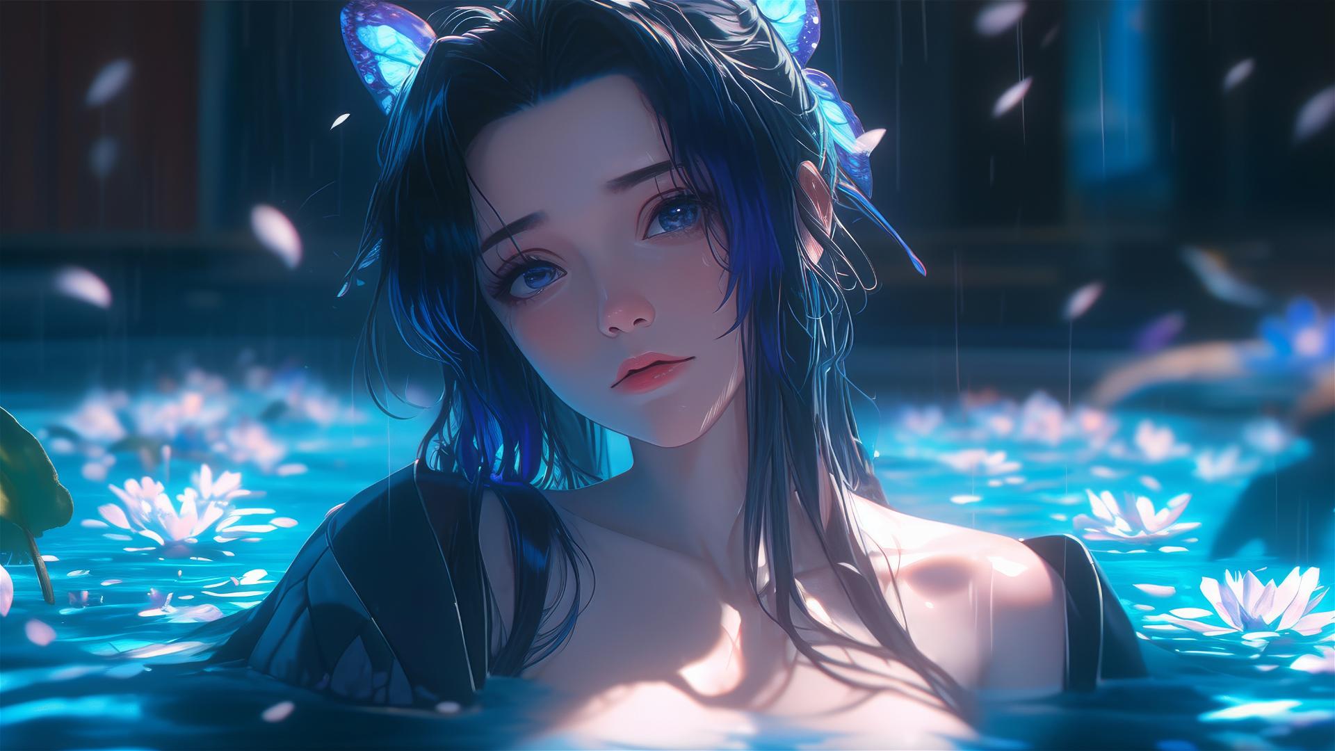 Shinobu Kocho from Demon Slayer in a flower-filled tub at a Chinese spa