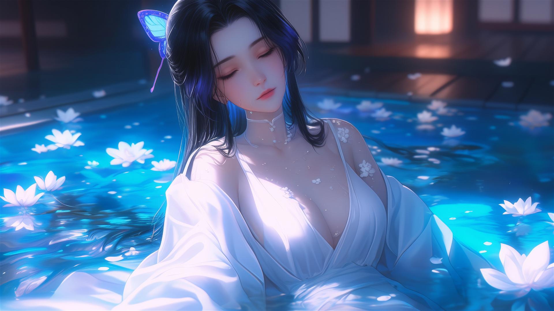 Shinobu Kocho in white dress, sitting in a flower-filled tub at a Chinese spa