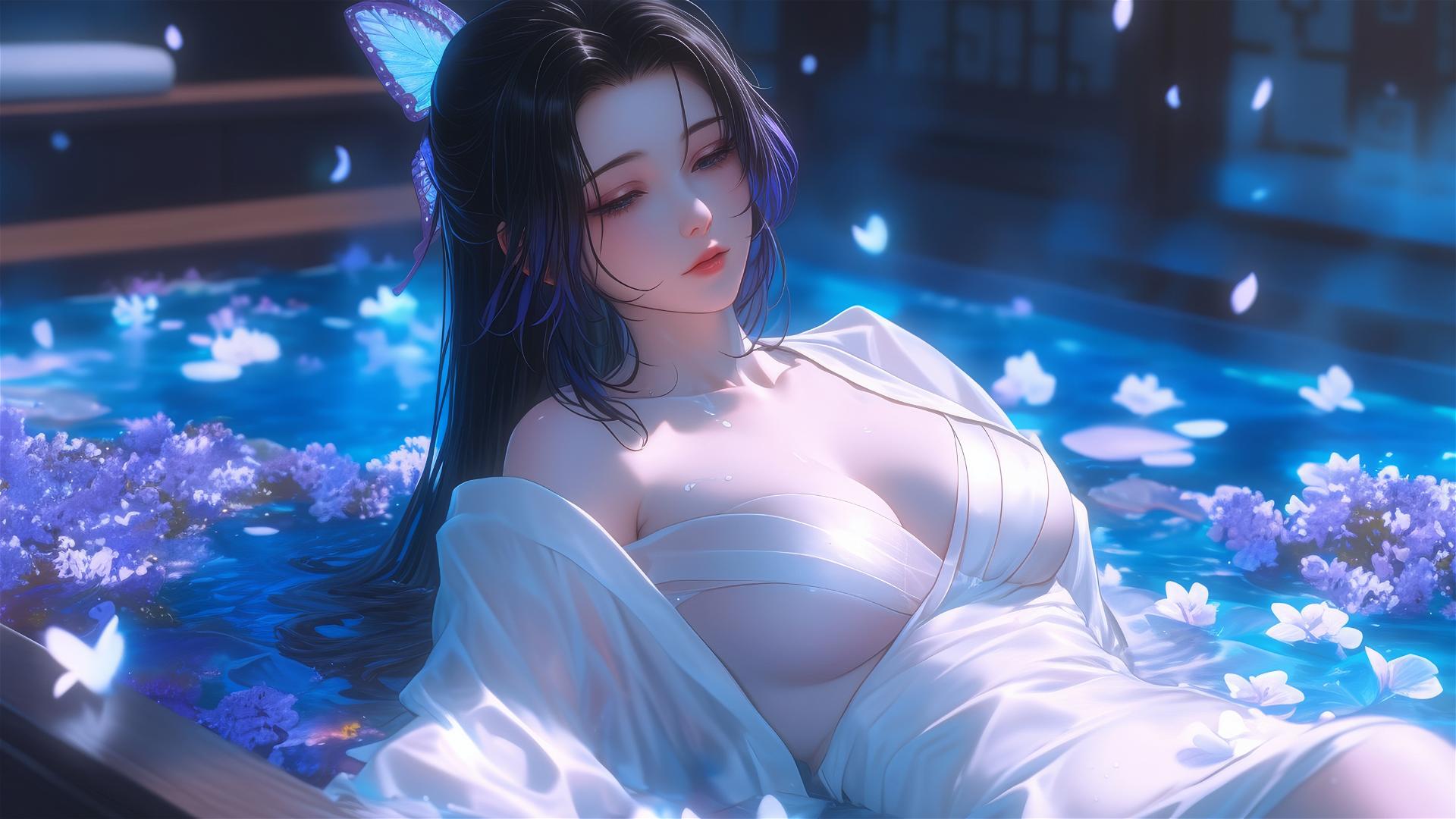 Shinobu Kocho in white dress in a flower-filled tub