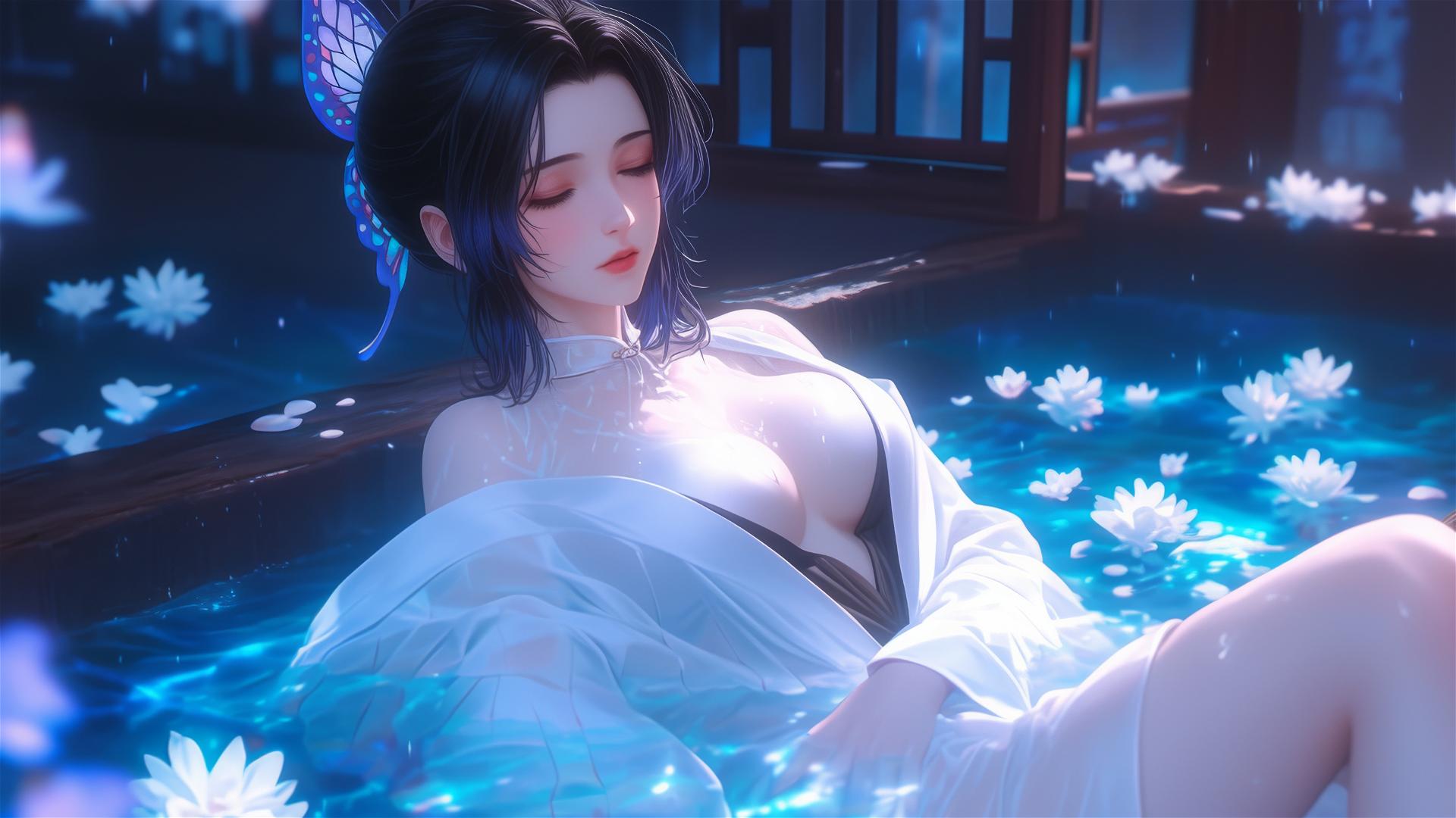Shinobu Kocho in white dress in flower-filled tub