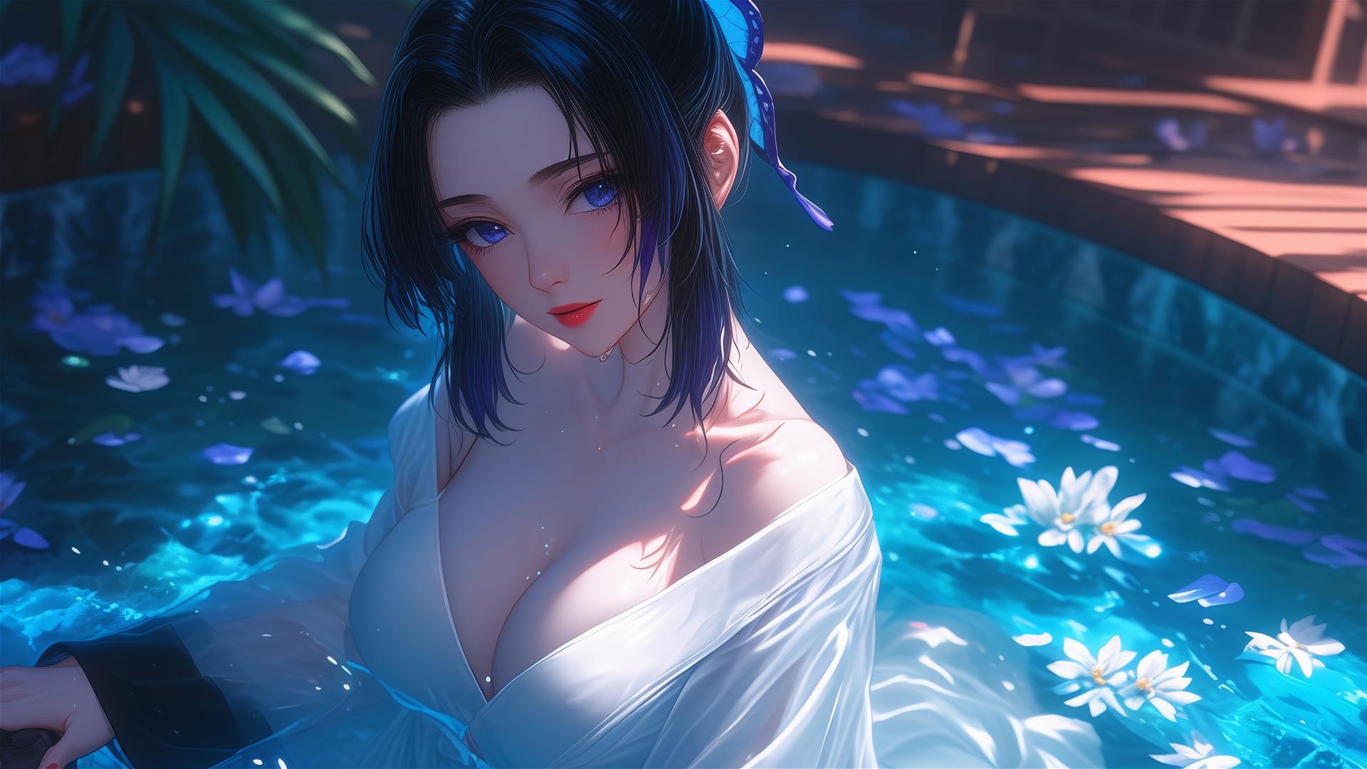Shinobu Kocho in white dress inside flower-filled tub at Chinese spa.
