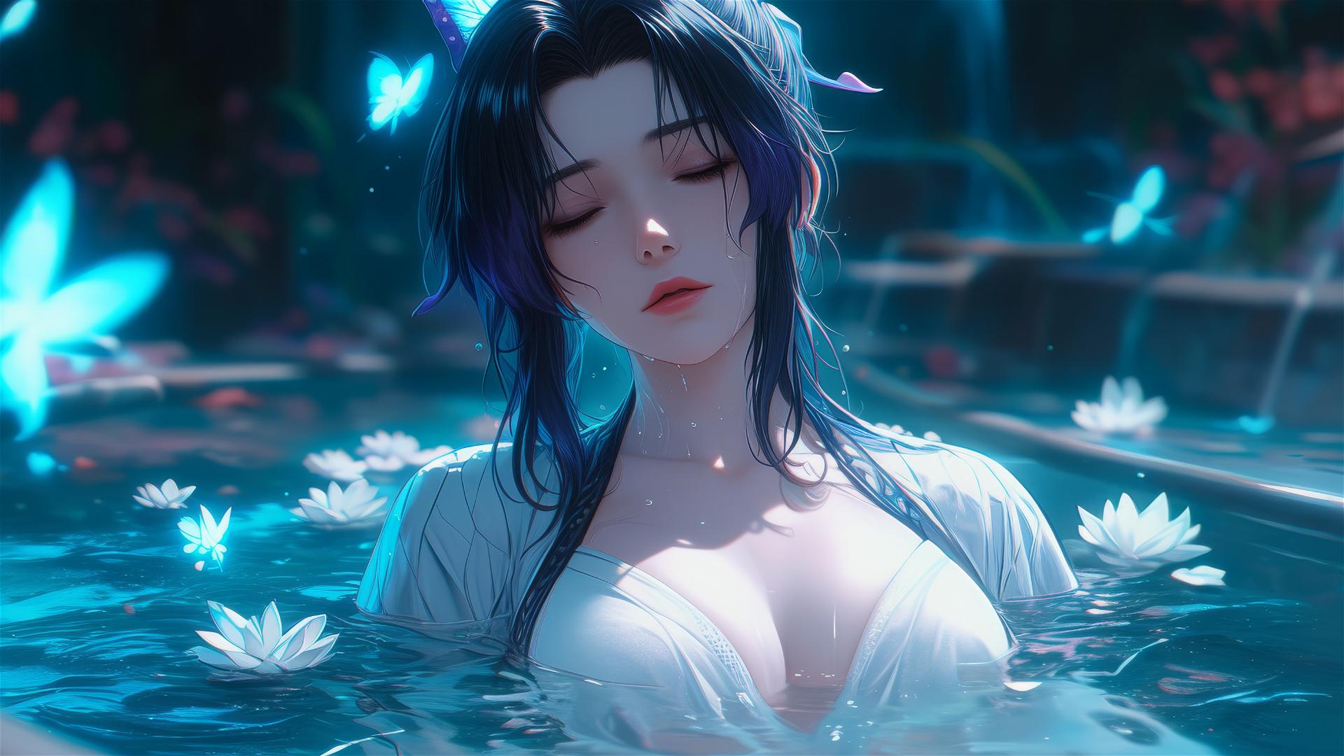 Shinobu Kocho in a white dress, sitting in a tub filled with flowers at a Chinese spa.