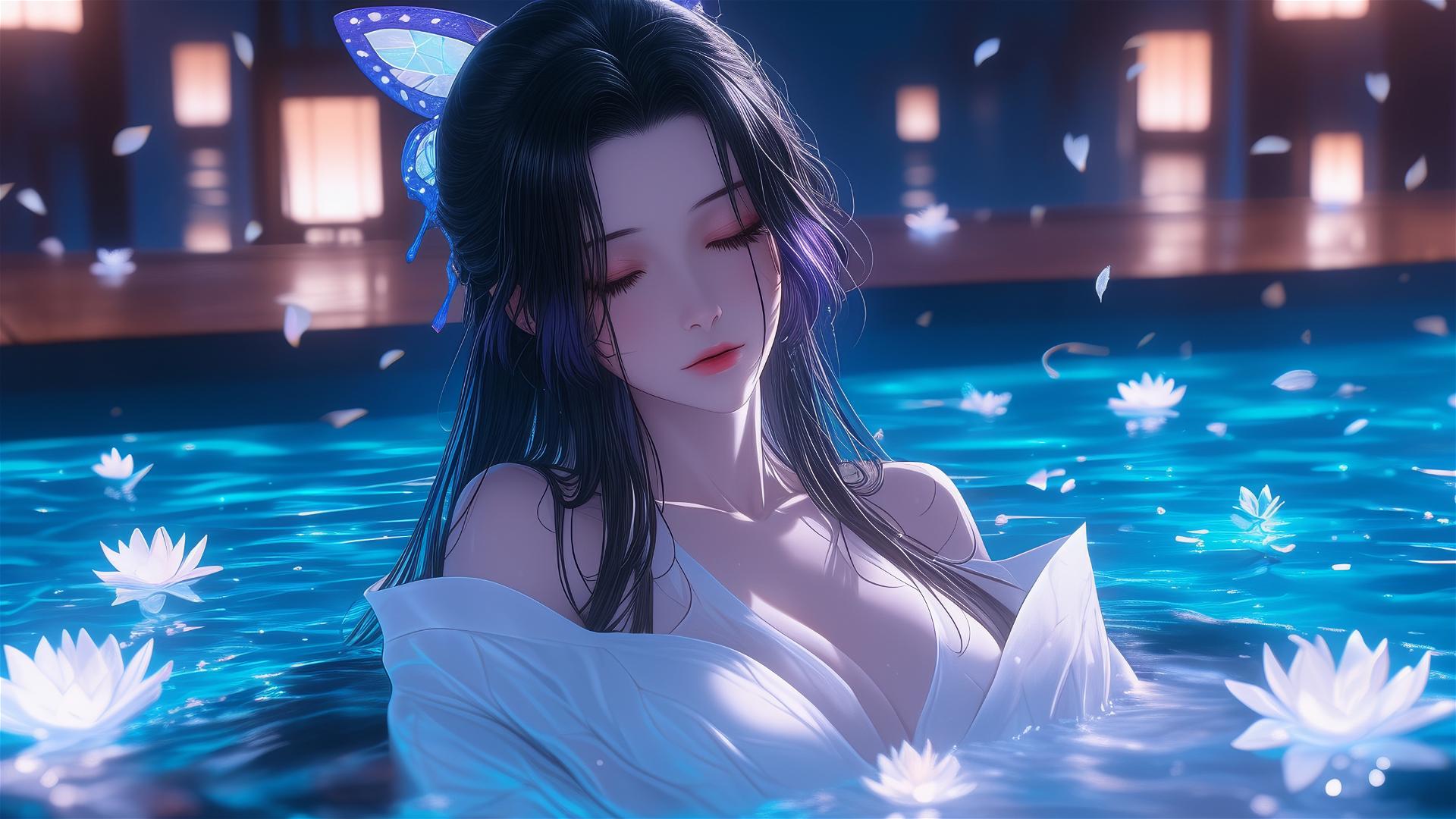 Shinobu Kocho in a pure white dress inside a tub full of flowers at a Chinese spa