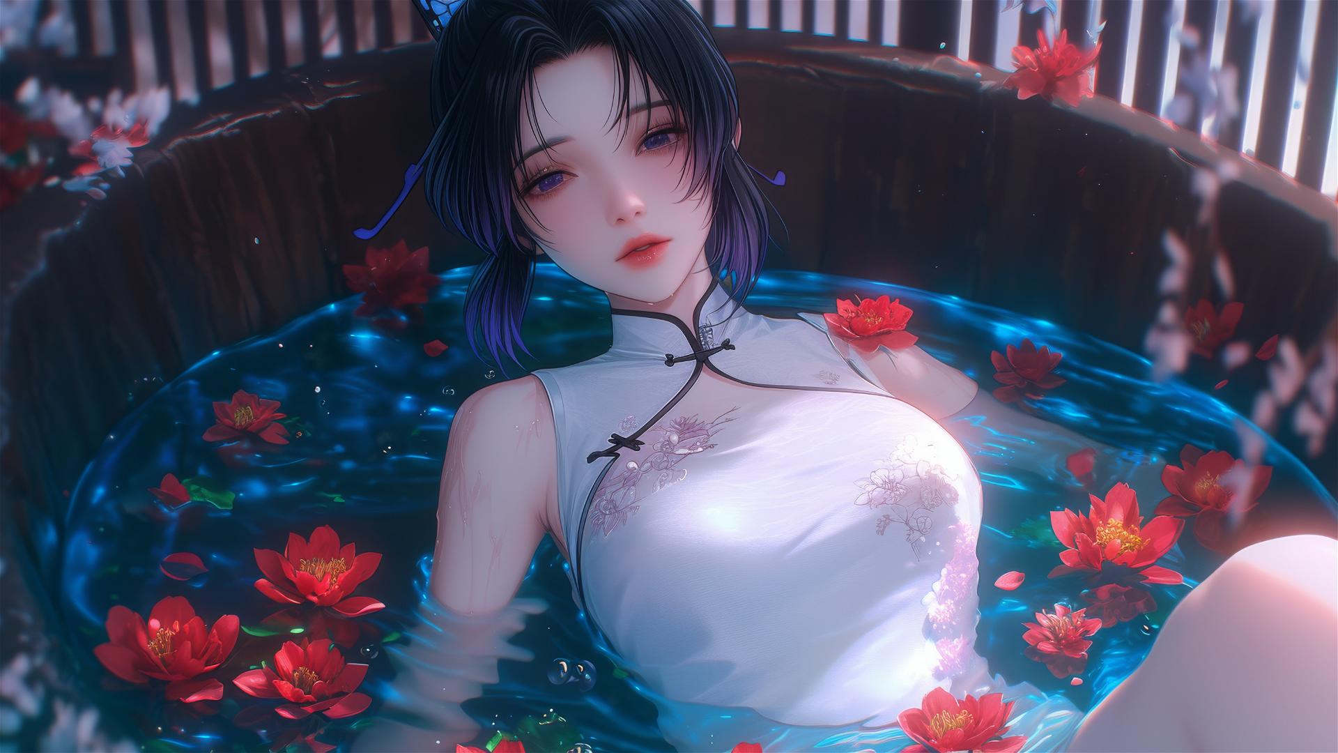 Shinobu Kocho in cheongsam in a tub full of flowers in a Chinese spa