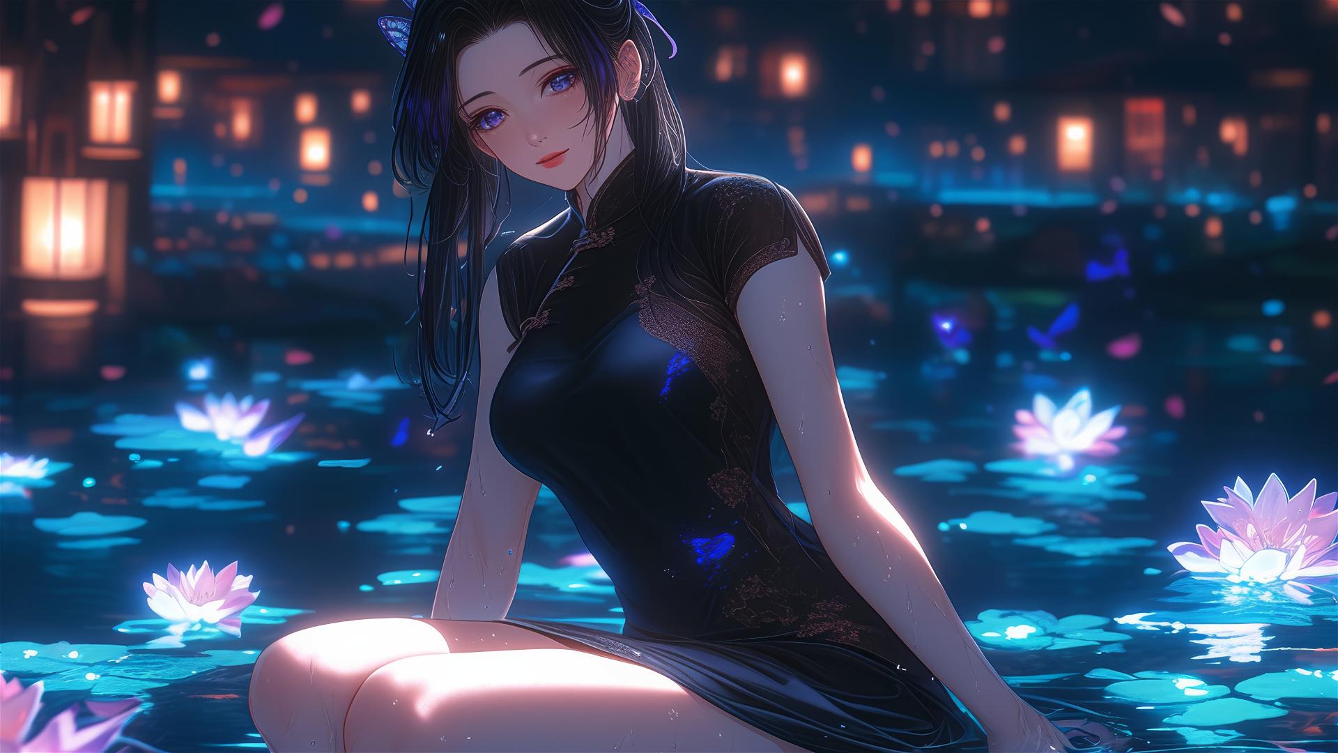 Shinobu Kocho in cheongsam in flower-filled tub at Chinese spa