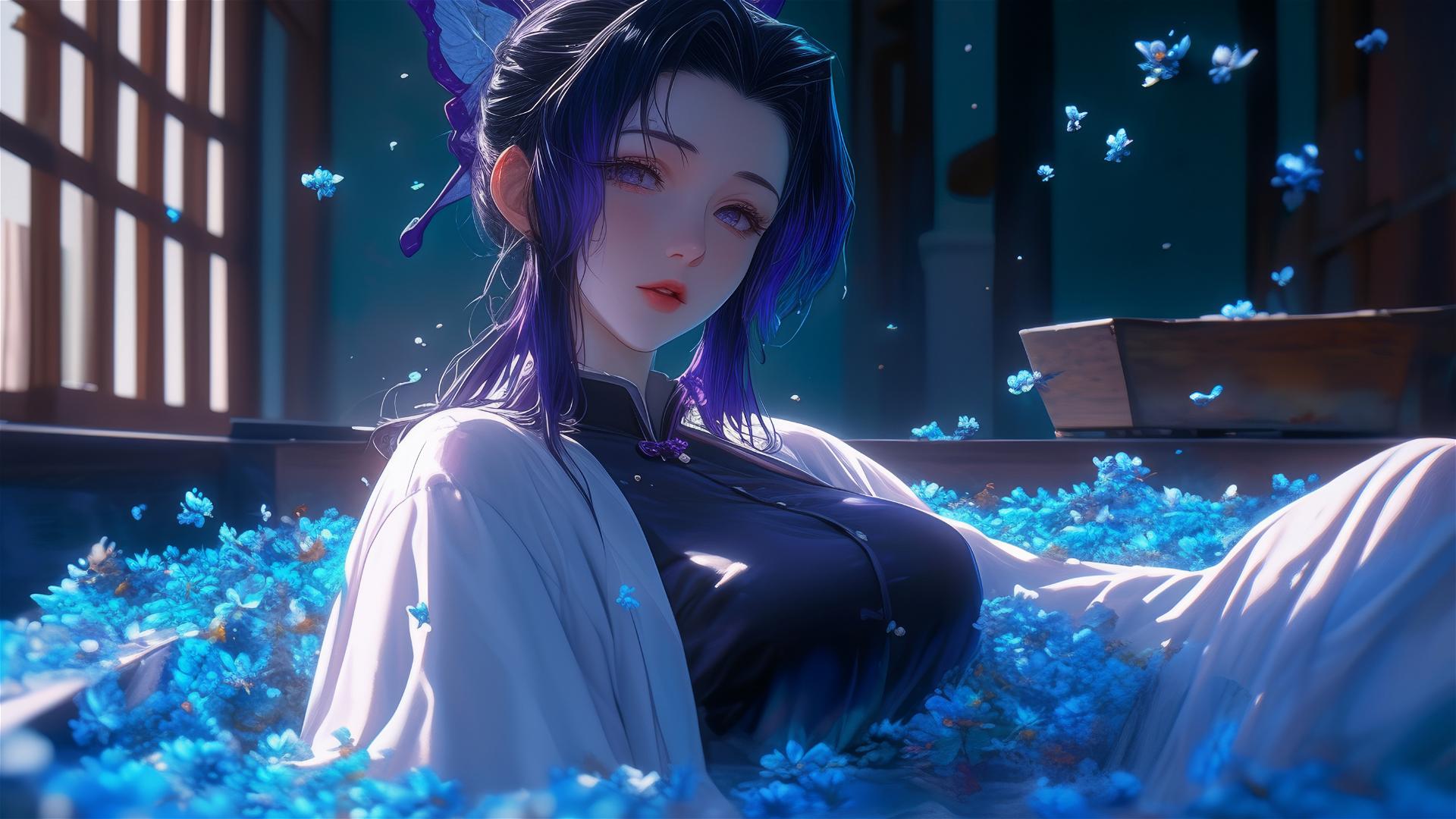 Shinobu Kocho from Demon Slayer in a flower-filled tub at a Chinese spa