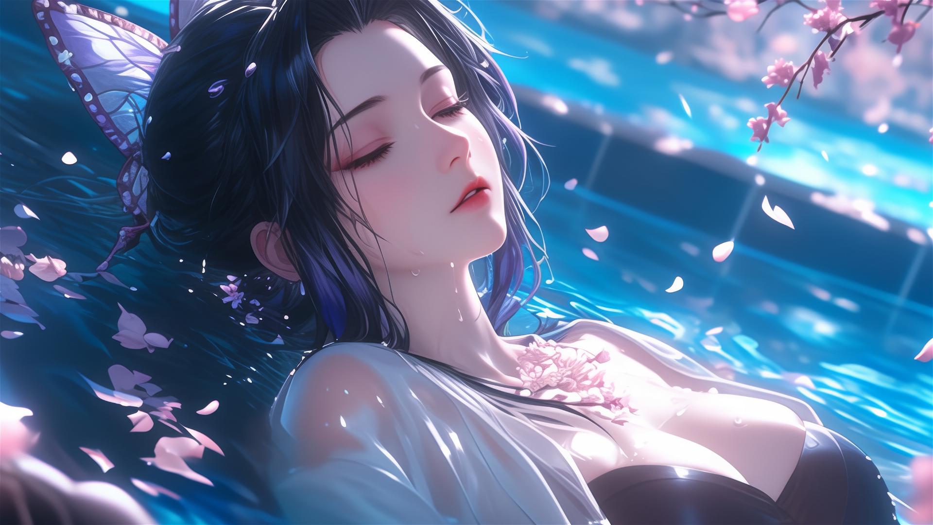 Shinobu Kocho from Demon Slayer in a flower-filled tub at a Chinese spa