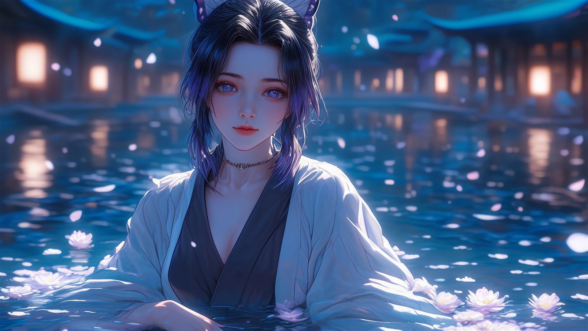 Shinobu Kocho from Demon Slayer in a flower-filled tub at a Chinese spa